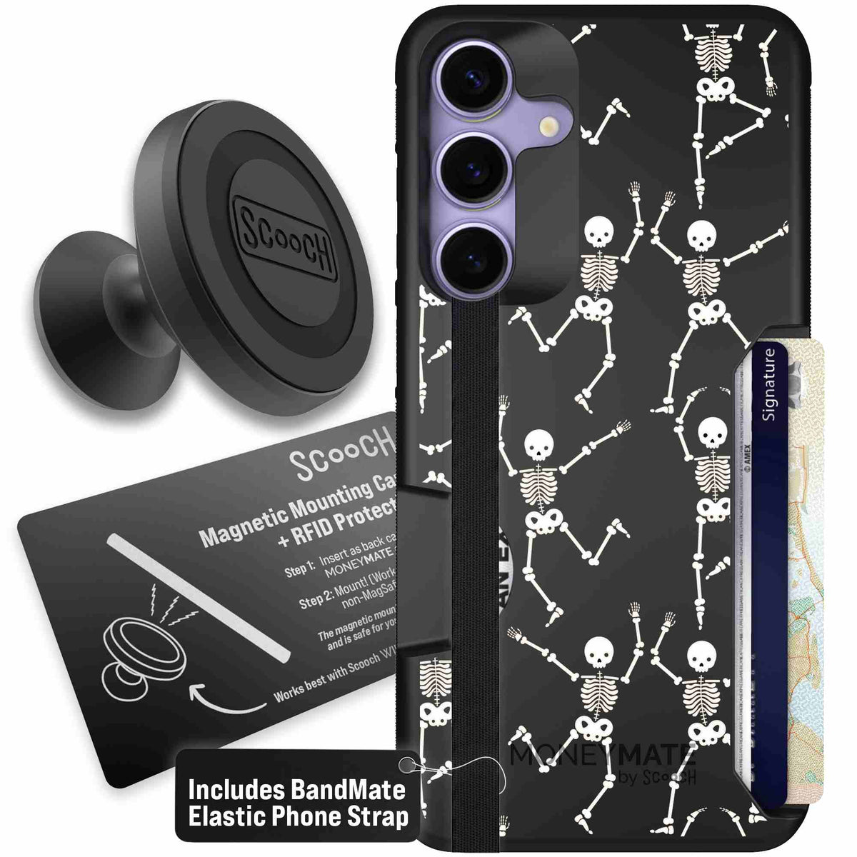 Swinging Skeletons white dancing skeleton pattern on a black Scooch Moneymate case for Galaxy S25+ - Starter Bundle