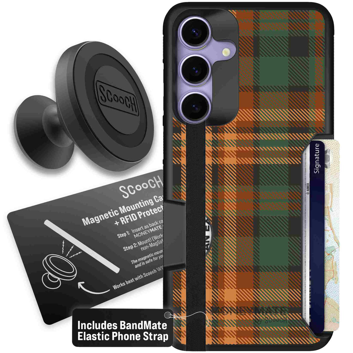 Fall Flannel orange and brown plaid pattern on a Scooch Moneymate case for Galaxy S25+ - Starter Bundle