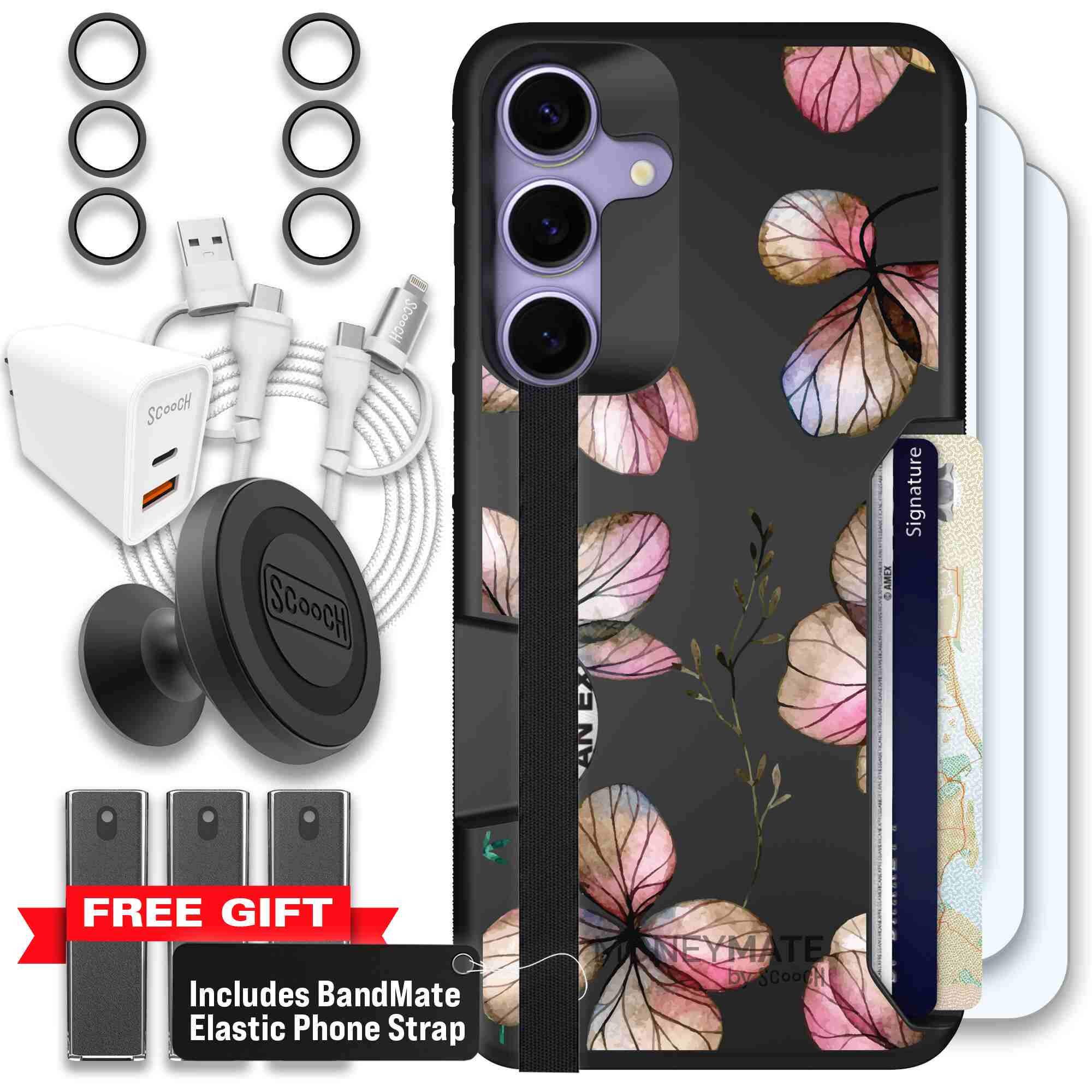 Dried Flowers blush mauve and cream floral pattern on a black Scooch Moneymate case for Galaxy S25+ - Ultimate Bundle