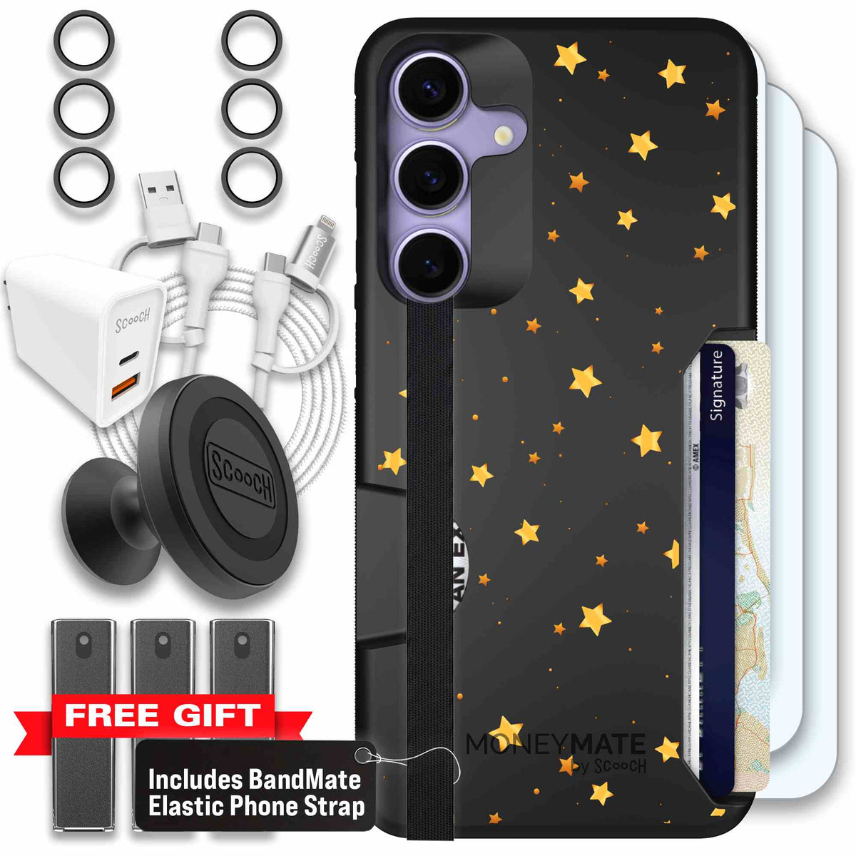 Gold Stars yellow and gold star pattern on a charcoal Scooch Moneymate case for Galaxy S25+ - Ultimate Bundle