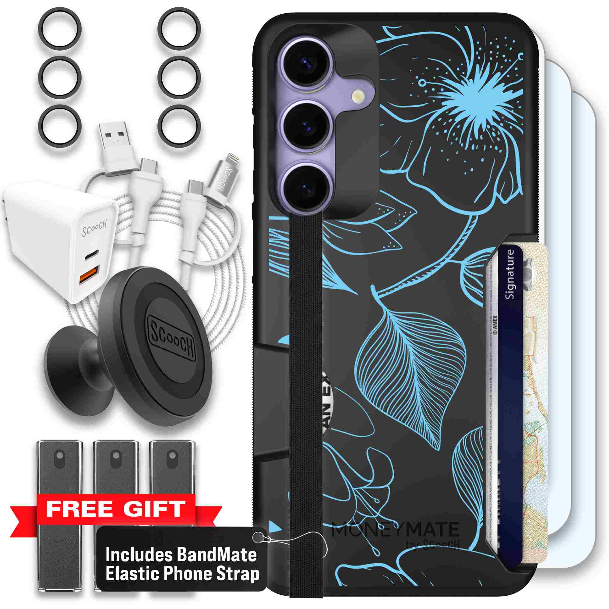Blue Hibiscus cyan-blue tropical flower pattern on a charcoal Scooch Moneymate case for Galaxy S25+ - Ultimate Bundle
