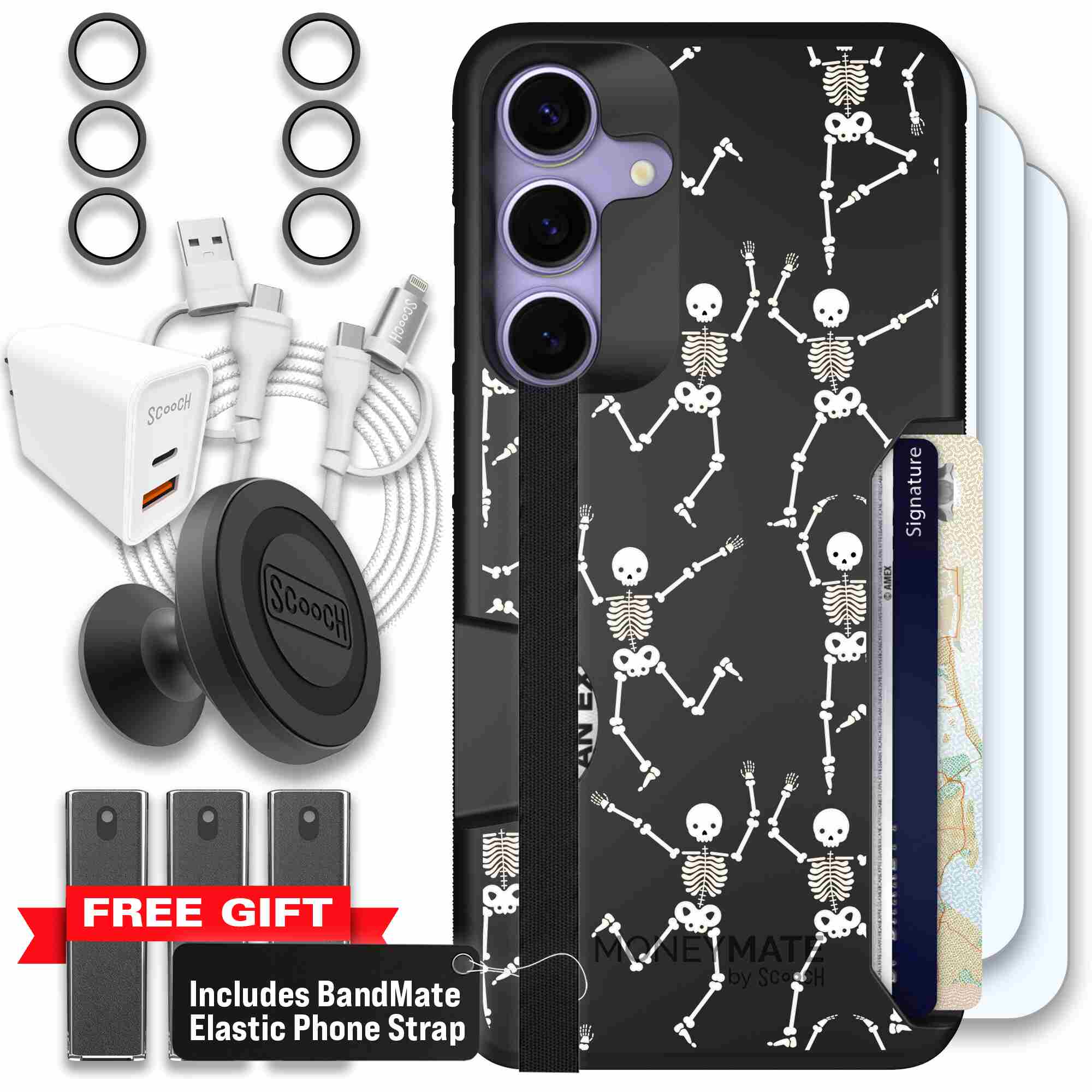 Swinging Skeletons white dancing skeleton pattern on a black Scooch Moneymate case for Galaxy S25+ - Ultimate Bundle