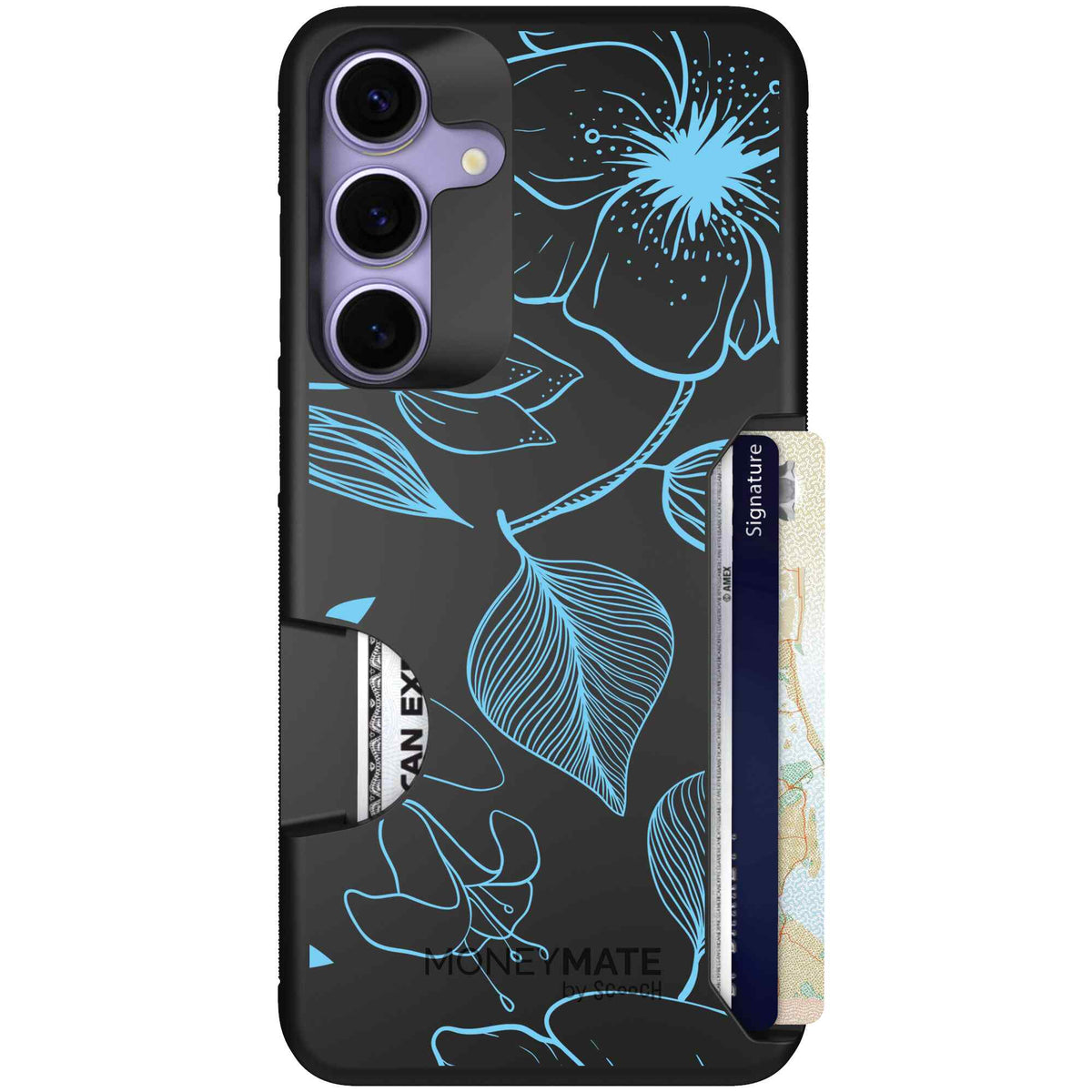 Blue Hibiscus cyan-blue tropical flower pattern on a charcoal Scooch Moneymate case for Galaxy S25+
