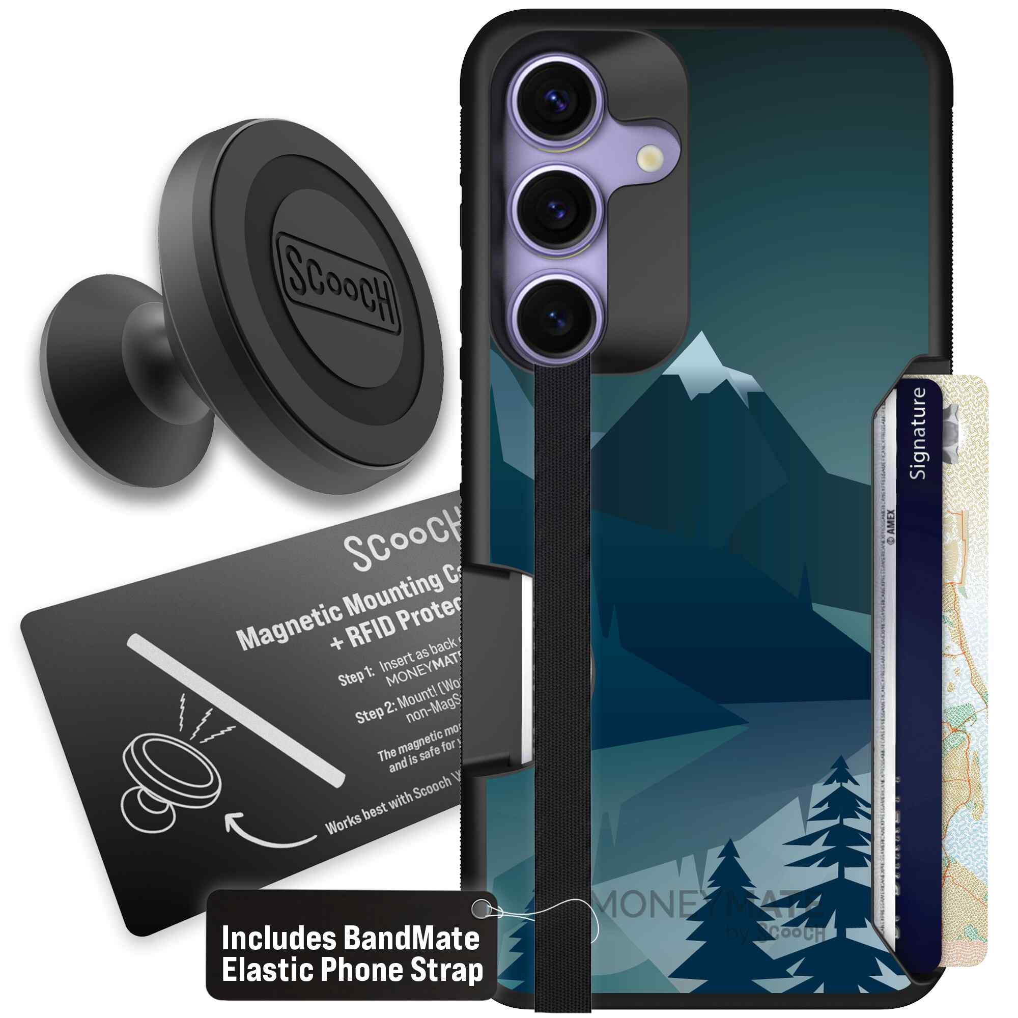 Midnight Ridge layered blue mountains and evergreen trees on a Scooch Moneymate case for Galaxy S25 - Starter Bundle