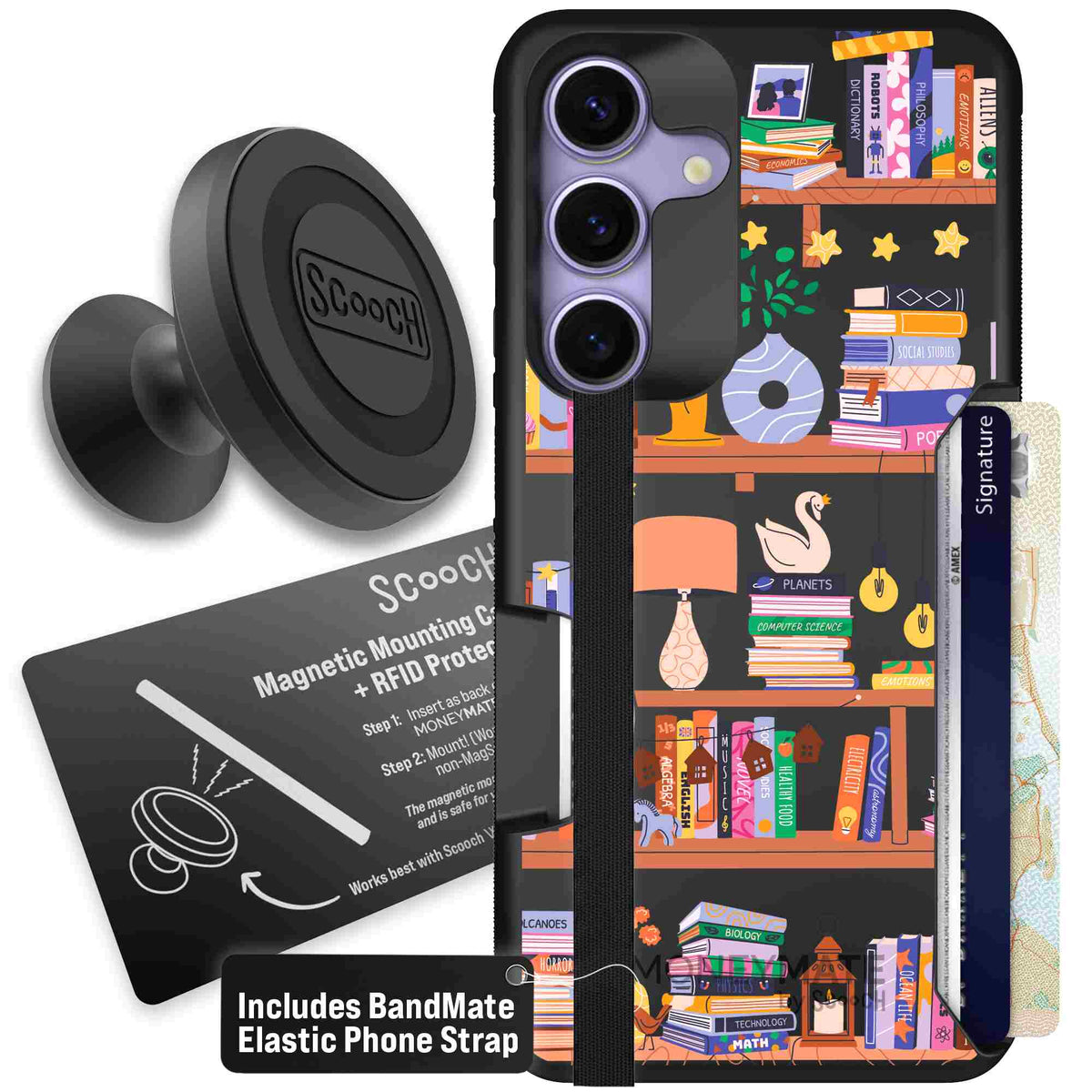 Little Library colorful book and bookshelf pattern on a Scooch Moneymate case for Galaxy S25 - Starter Bundle