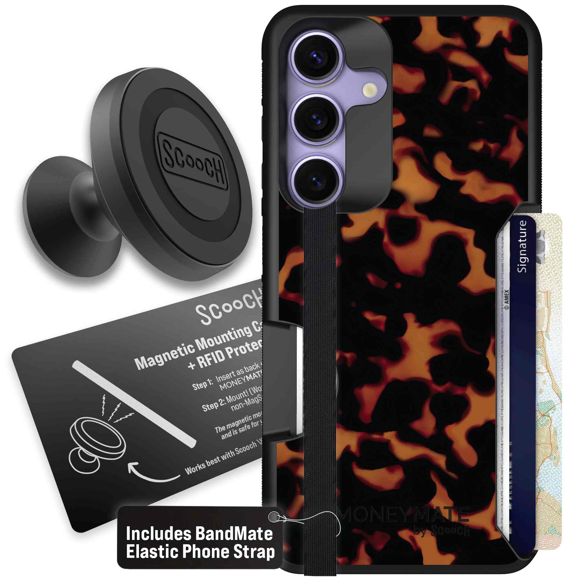 Tortoise Shell amber brown and black mottled pattern on a Scooch Moneymate case for Galaxy S25 - Starter Bundle