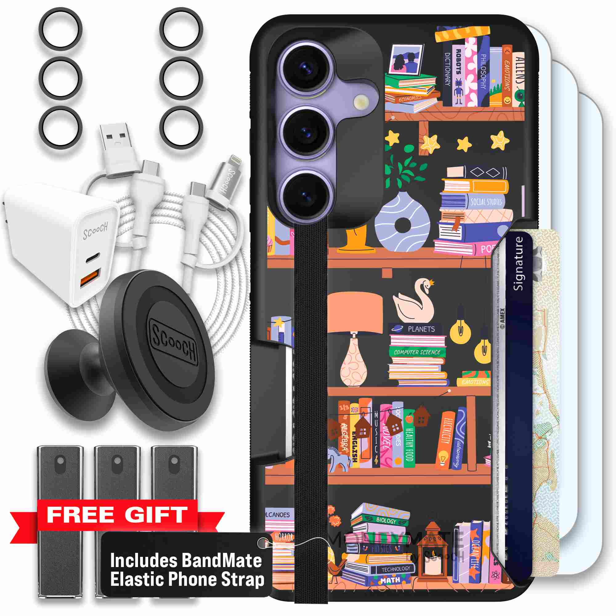 Little Library colorful book and bookshelf pattern on a Scooch Moneymate case for Galaxy S25 - Ultimate Bundle