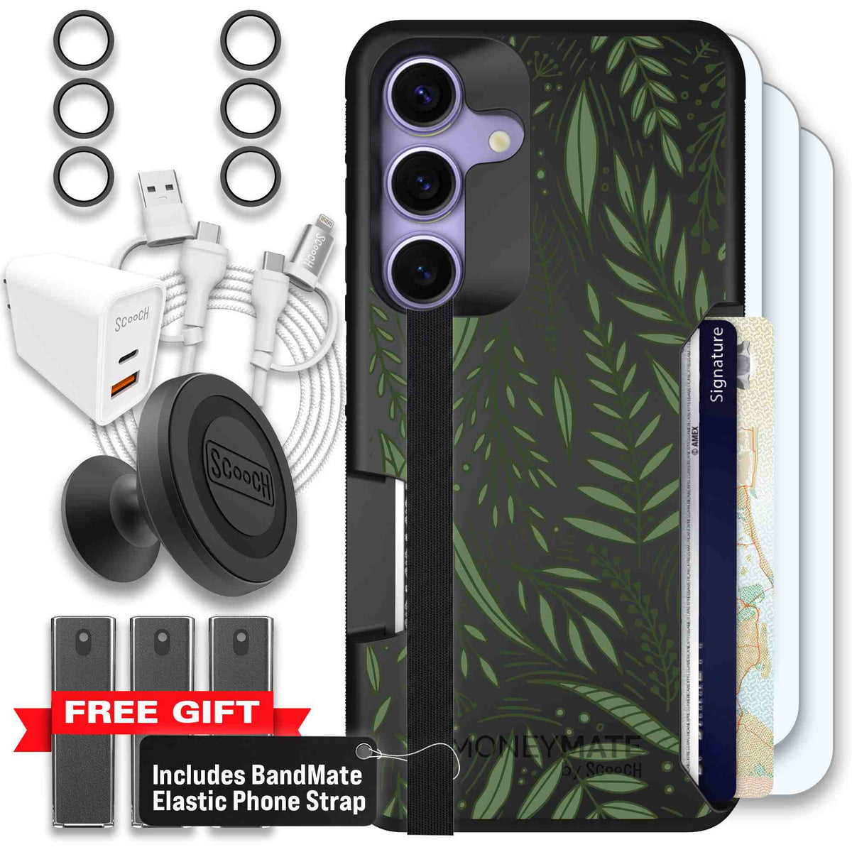 Willow Garden layered green leaves and branches on a charcoal Scooch Moneymate case for Galaxy S25 - Ultimate Bundle