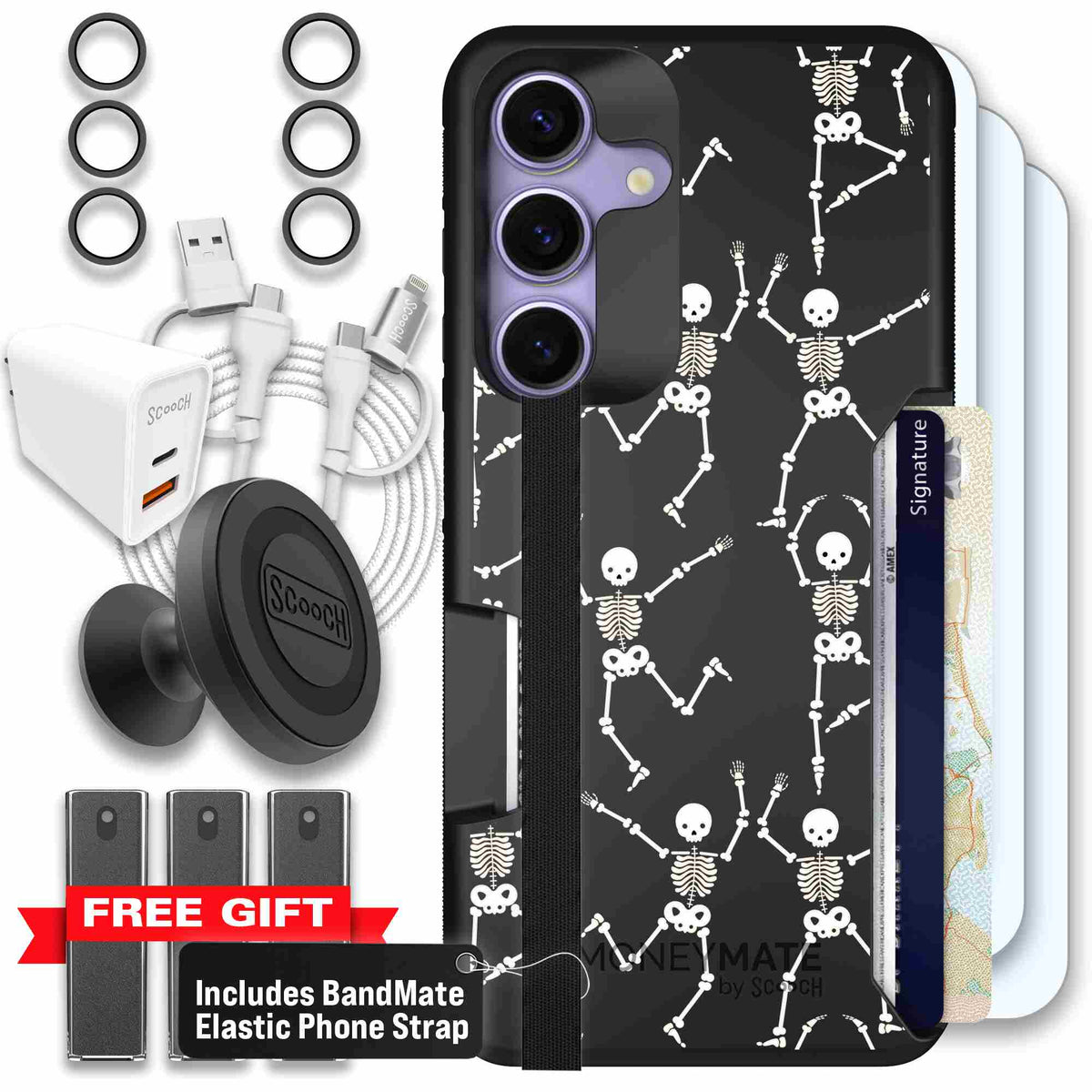 Swinging Skeletons white dancing skeleton pattern on a black Scooch Moneymate case for Galaxy S25 - Ultimate Bundle