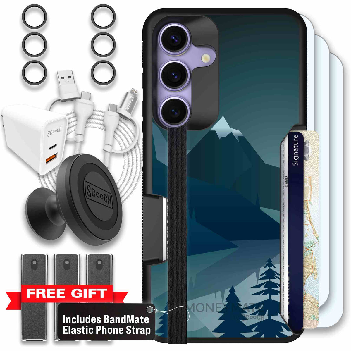 Midnight Ridge layered blue mountains and evergreen trees on a Scooch Moneymate case for Galaxy S25 - Ultimate Bundle