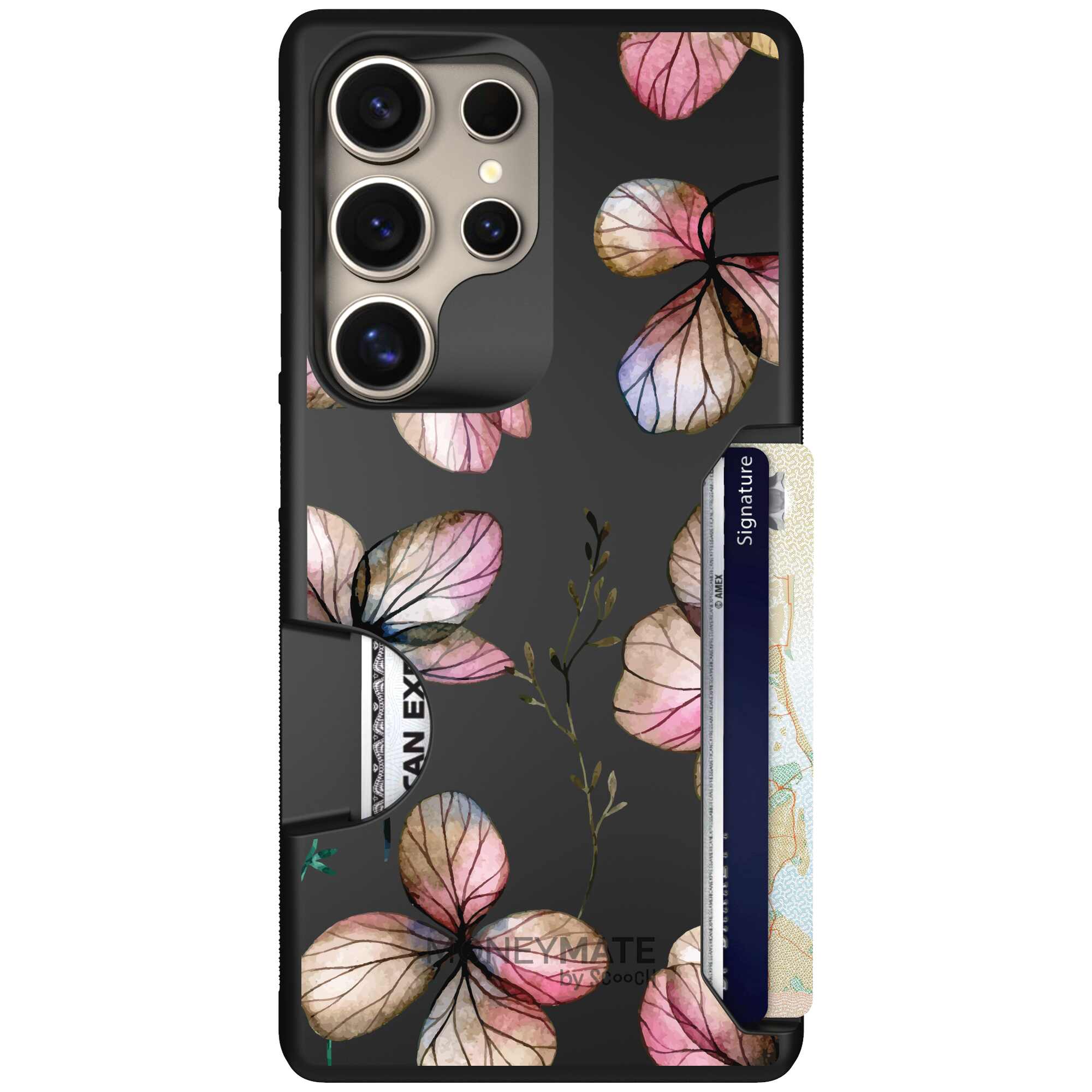 Dried Flowers blush mauve and cream floral pattern on a black Scooch Moneymate case for Galaxy S25 Ultra