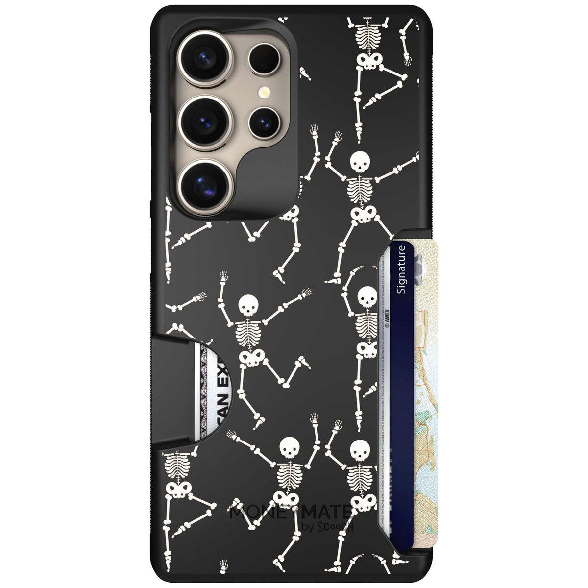 Swinging Skeletons white dancing skeleton pattern on a black Scooch Moneymate case for Galaxy S25 Ultra