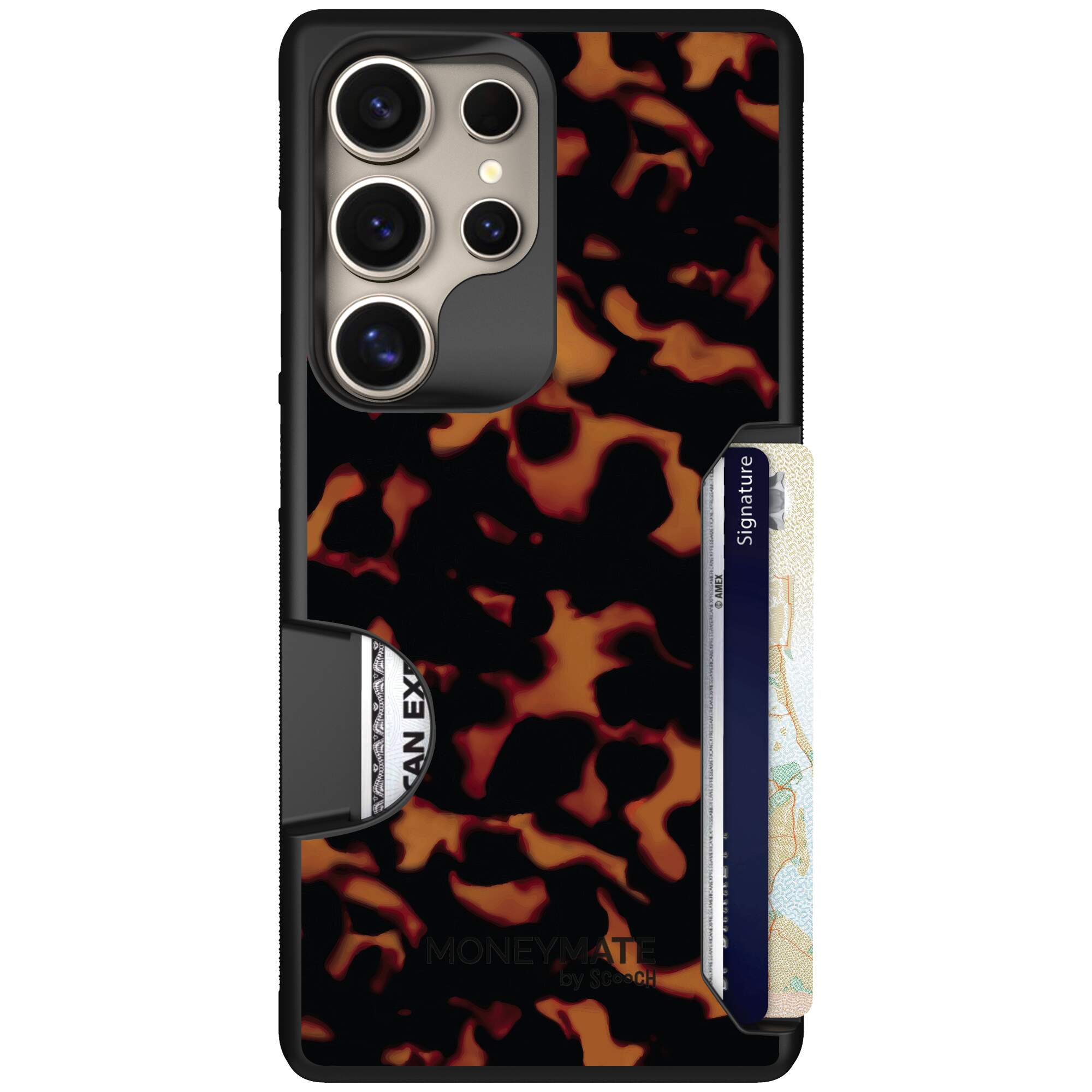 Tortoise Shell amber brown and black mottled pattern on a Scooch Moneymate case for Galaxy S25 Ultra