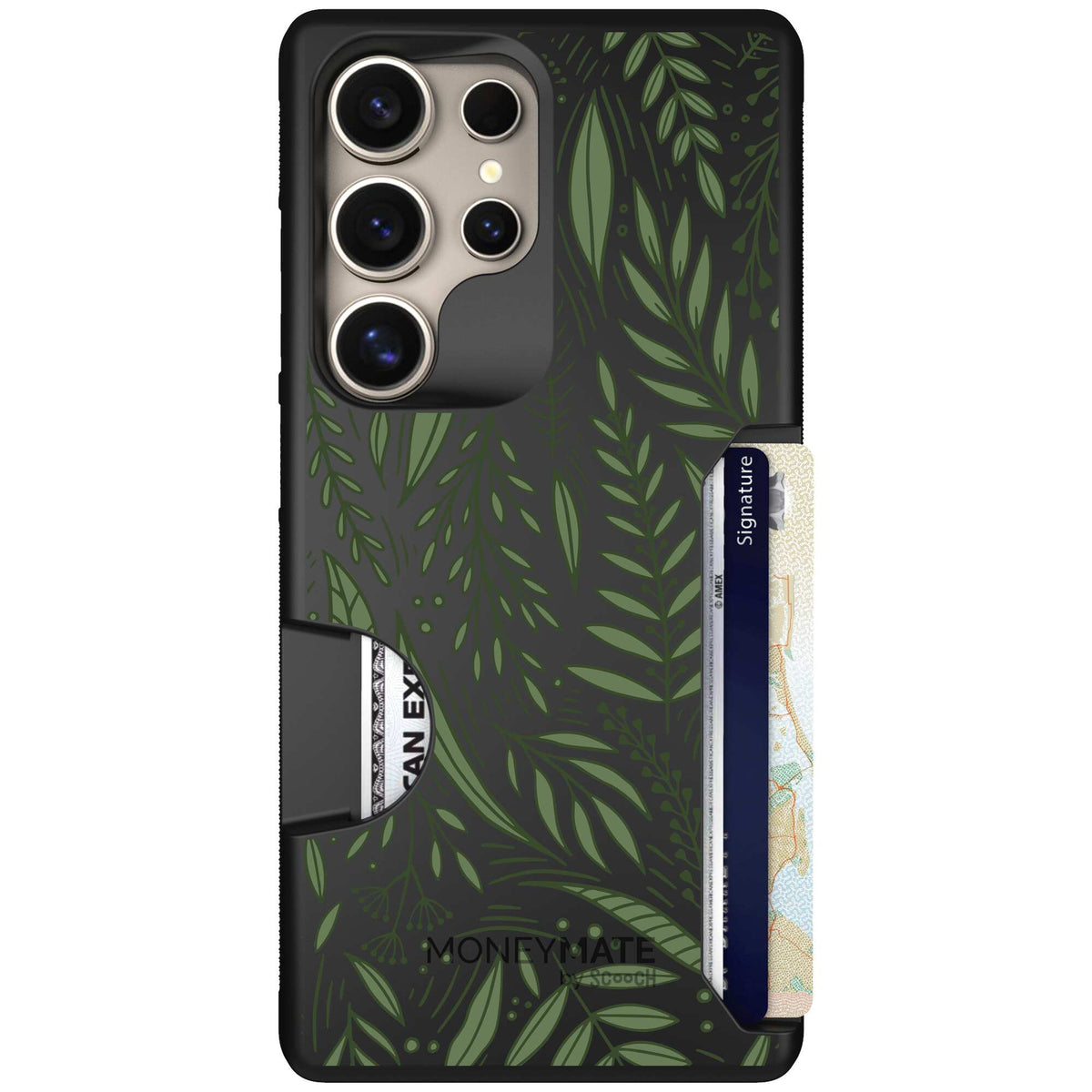 Willow Garden layered green leaves and branches on a charcoal Scooch Moneymate case for Galaxy S25 Ultra