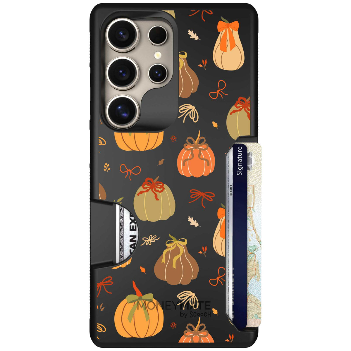 Pretty Pumpkins orange pumpkin and bow pattern on a Scooch Moneymate case for Galaxy S25 Ultra