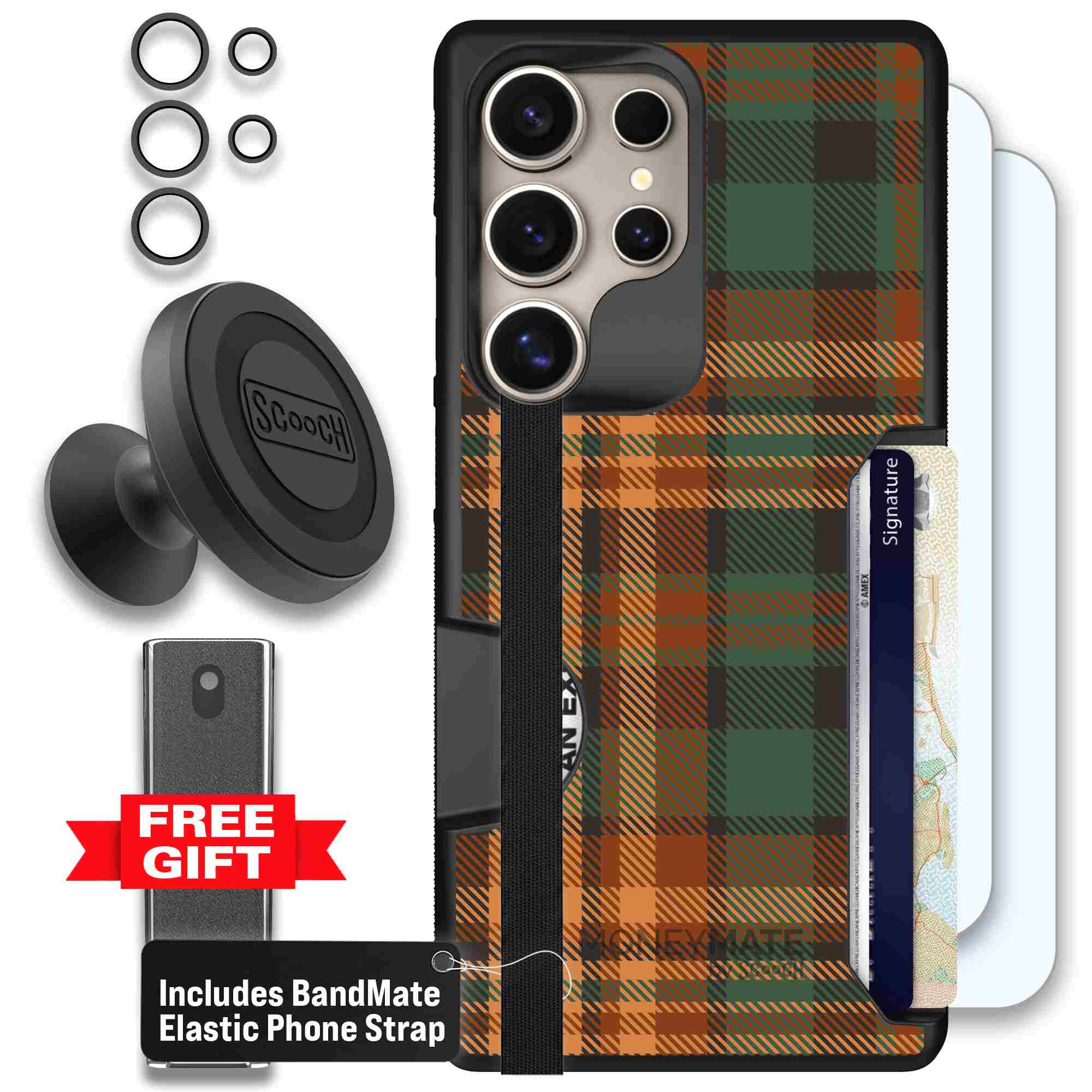 Fall Flannel orange and brown plaid pattern on a Scooch Moneymate case for Galaxy S25 Ultra - Defender Bundle