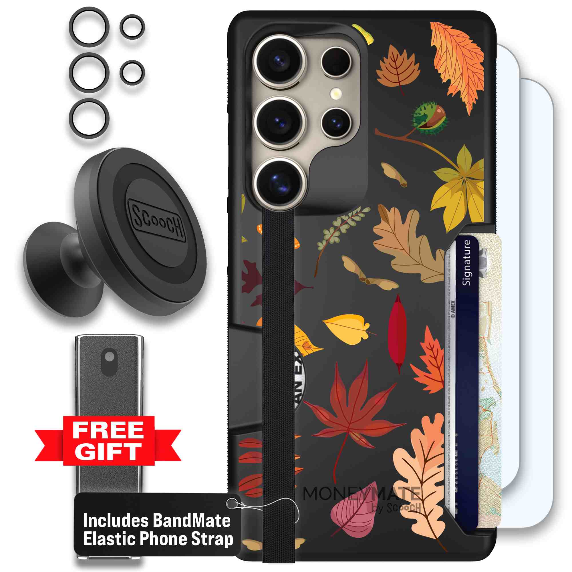 Autumn Leaves multicolored fall foliage pattern on a charcoal Scooch Moneymate case for Galaxy S25 Ultra - Defender Bundle