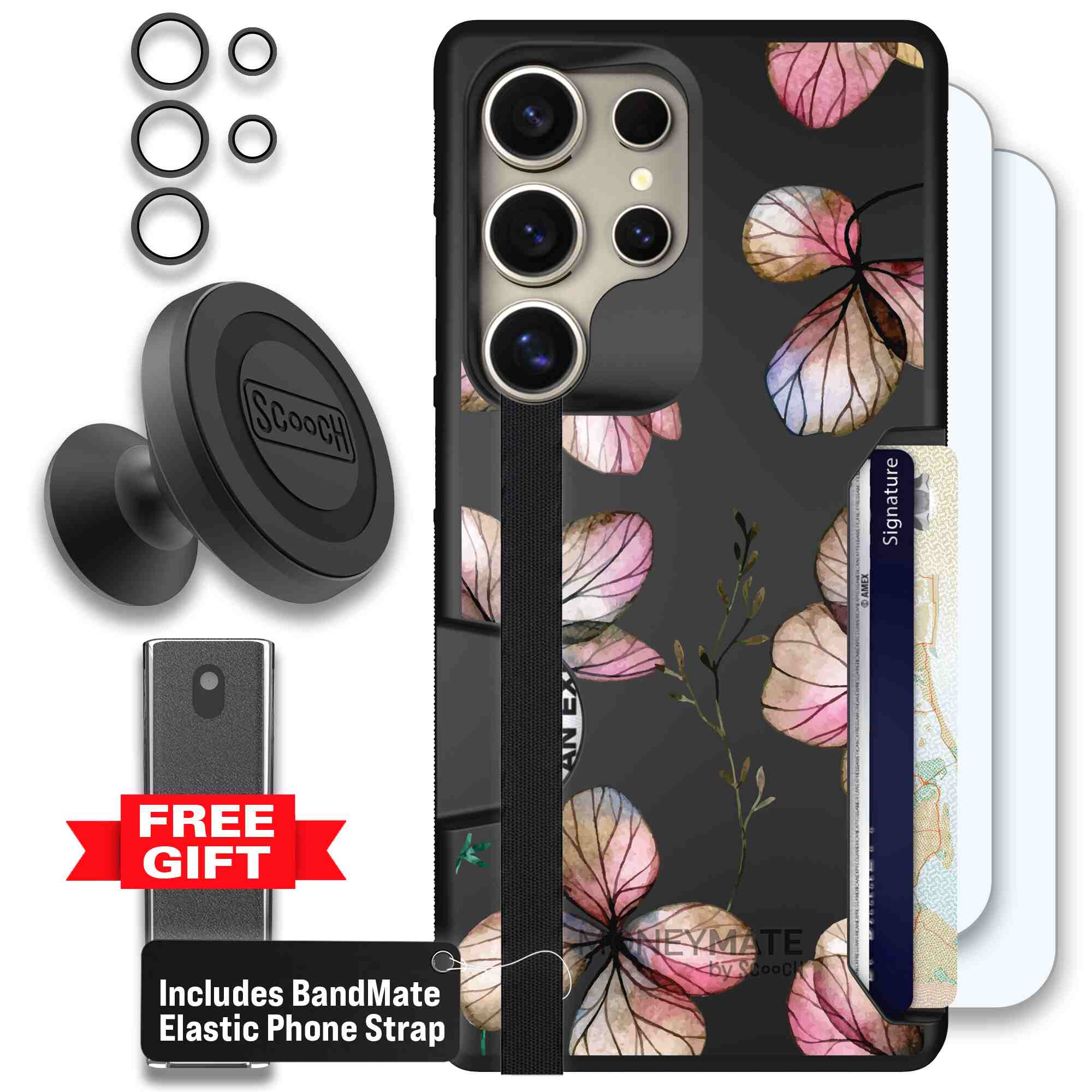 Dried Flowers blush mauve and cream floral pattern on a black Scooch Moneymate case for Galaxy S25 Ultra - Defender Bundle