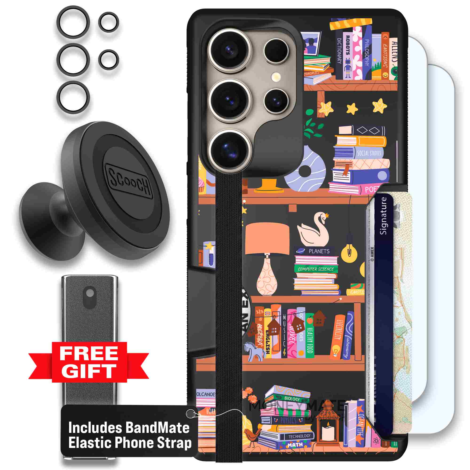 Little Library colorful book and bookshelf pattern on a Scooch Moneymate case for Galaxy S25 Ultra - Defender Bundle