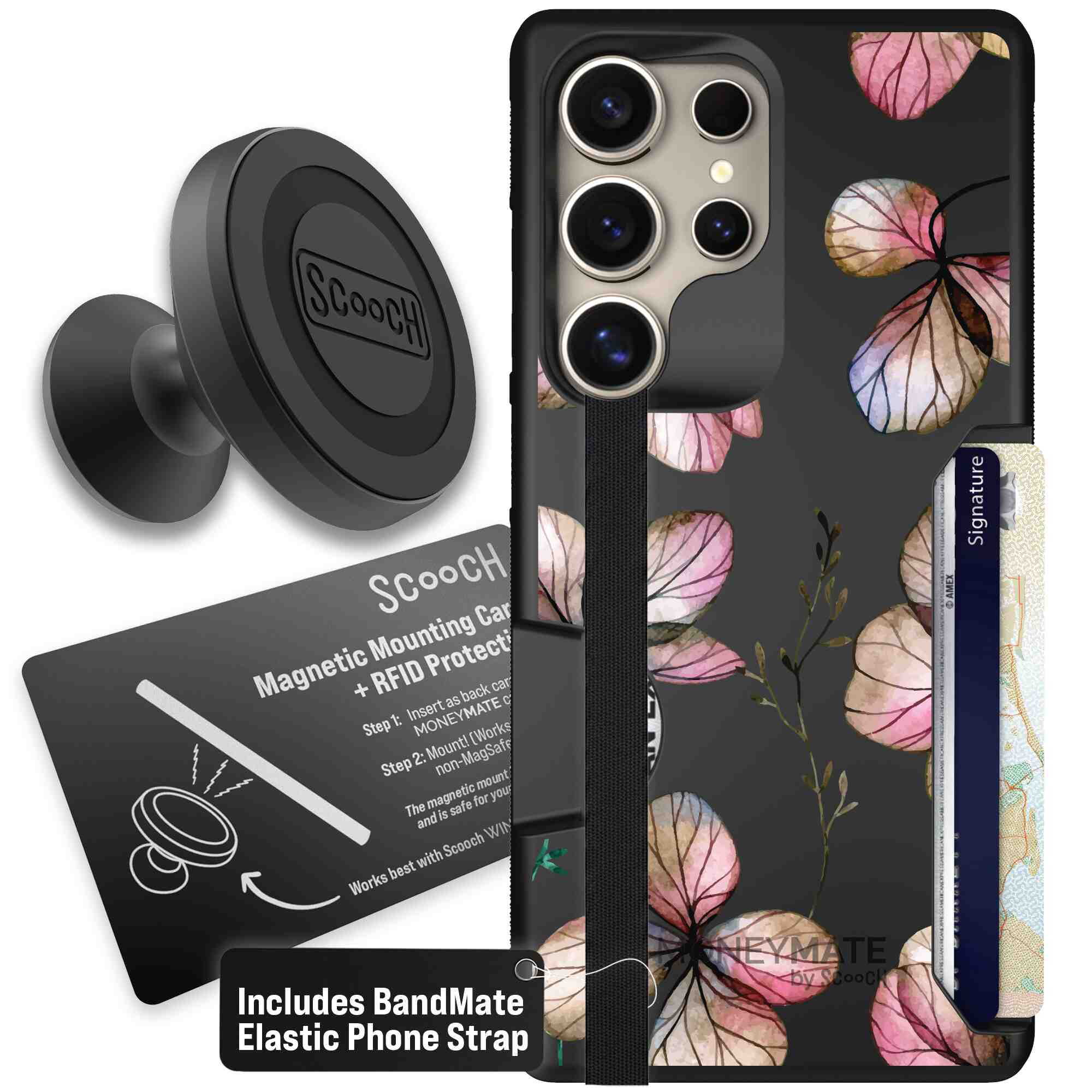 Dried Flowers blush mauve and cream floral pattern on a black Scooch Moneymate case for Galaxy S25 Ultra - Starter Bundle