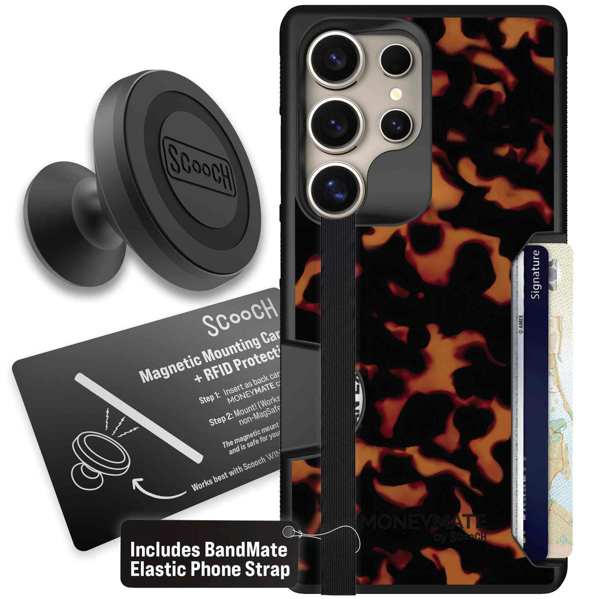 Tortoise Shell amber brown and black mottled pattern on a Scooch Moneymate case for Galaxy S25 Ultra - Starter Bundle