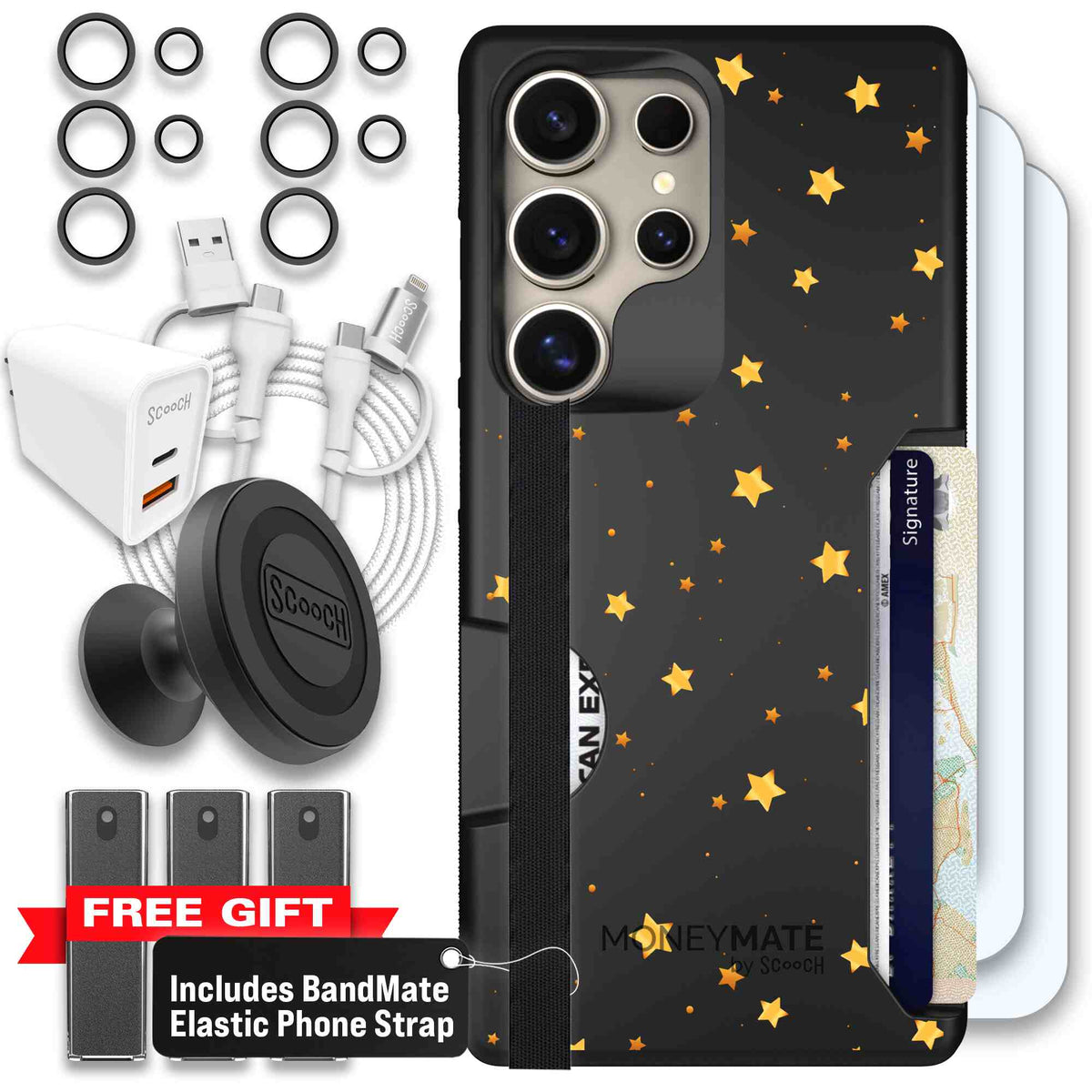 Gold Stars yellow and gold star pattern on a charcoal Scooch Moneymate case for Galaxy S25 Ultra - Ultimate Bundle