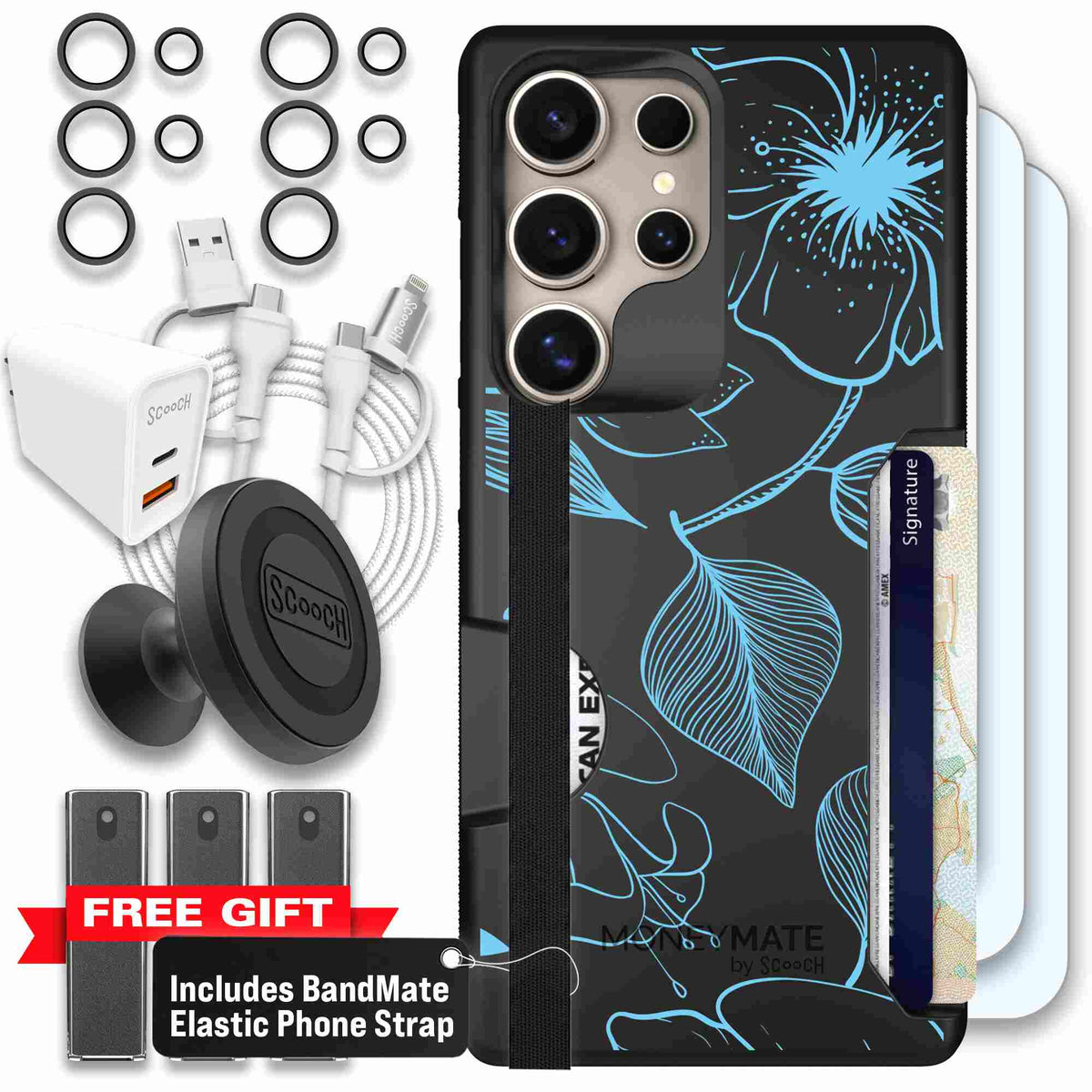 Blue Hibiscus cyan-blue tropical flower pattern on a charcoal Scooch Moneymate case for Galaxy S25 Ultra - Ultimate Bundle