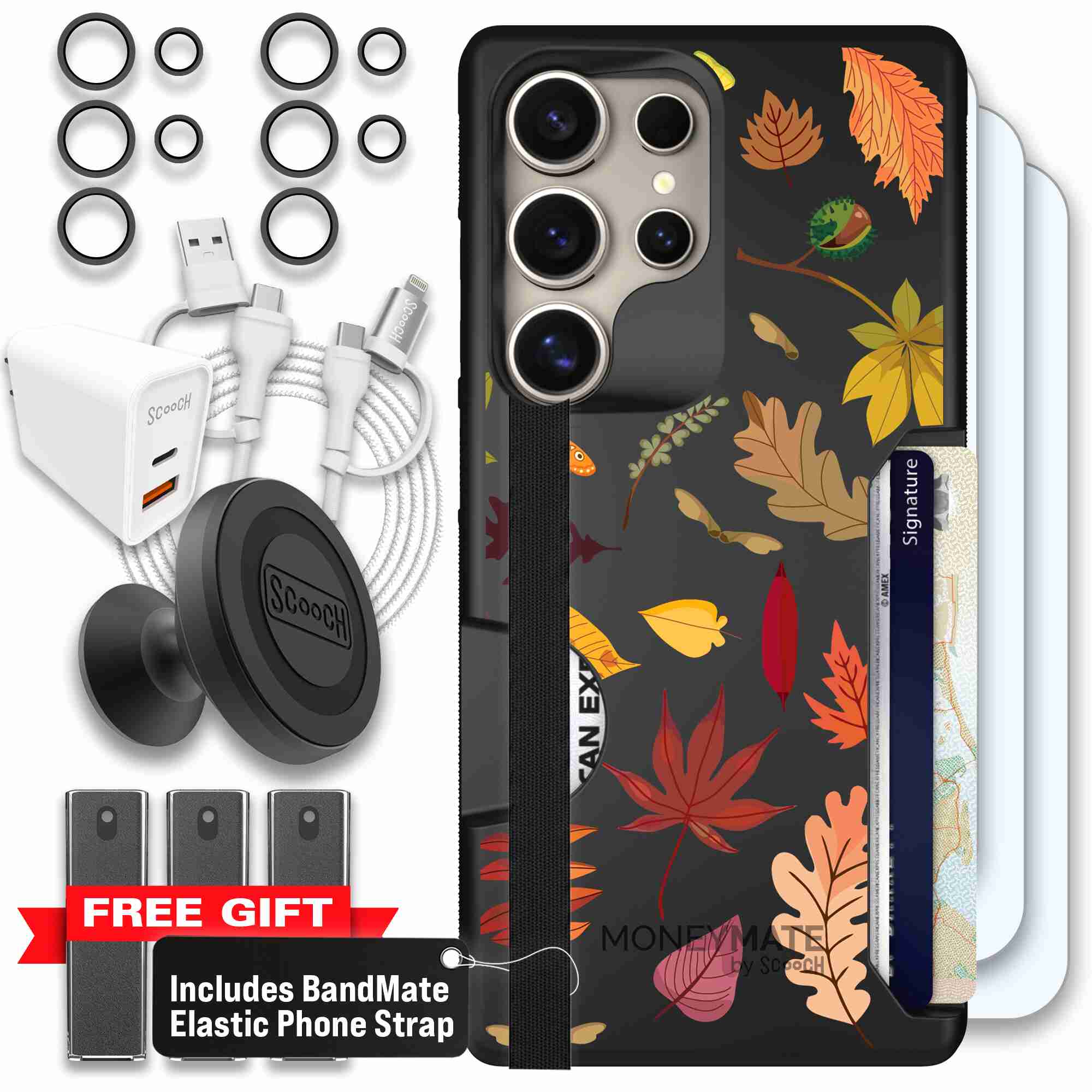 Autumn Leaves multicolored fall foliage pattern on a charcoal Scooch Moneymate case for Galaxy S25 Ultra - Ultimate Bundle