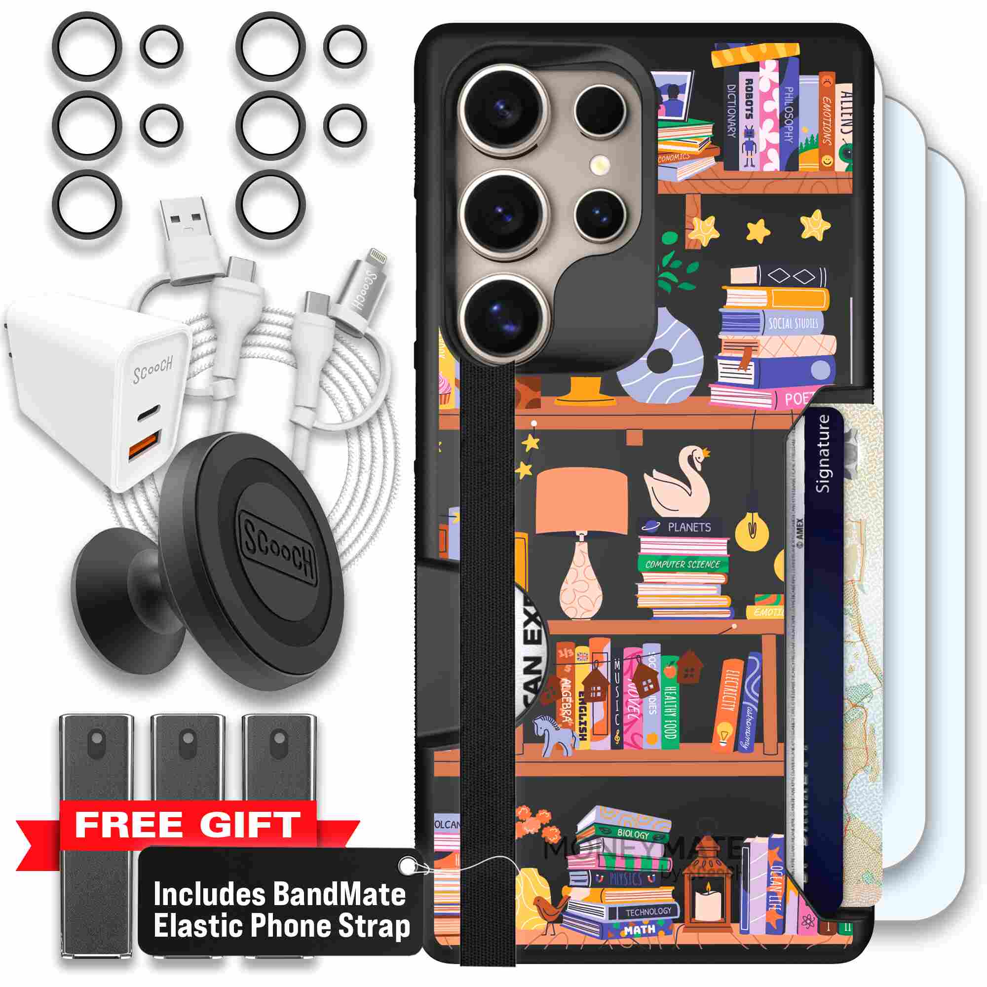 Little Library colorful book and bookshelf pattern on a Scooch Moneymate case for Galaxy S25 Ultra - Ultimate Bundle