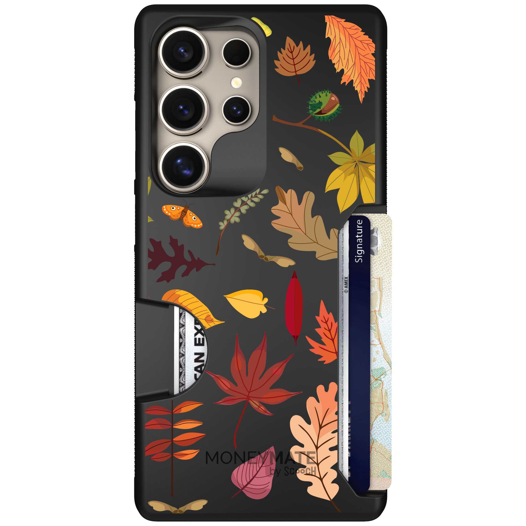 Autumn Leaves multicolored fall foliage pattern on a charcoal Scooch Moneymate case for Galaxy S25 Ultra
