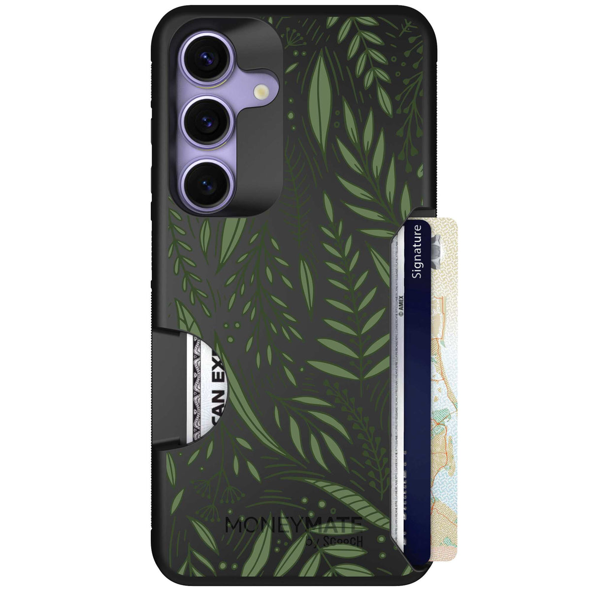 Willow Garden layered green leaves and branches on a charcoal Scooch Moneymate case for Galaxy S25
