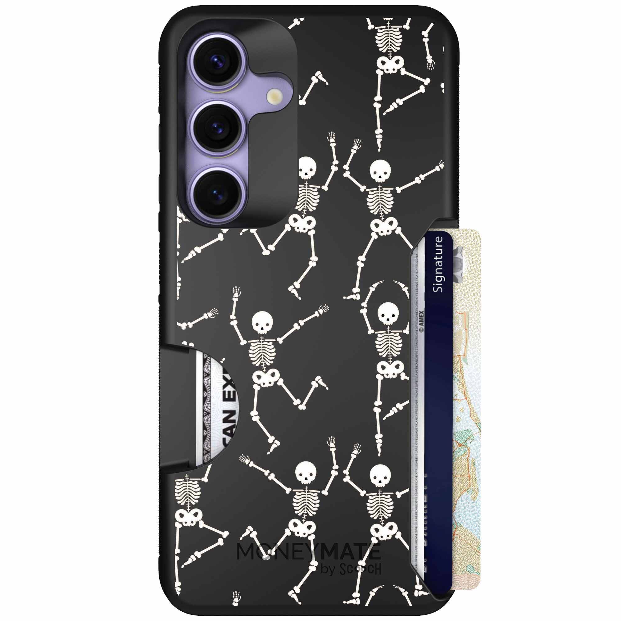 Swinging Skeletons white dancing skeleton pattern on a black Scooch Moneymate case for Galaxy S25