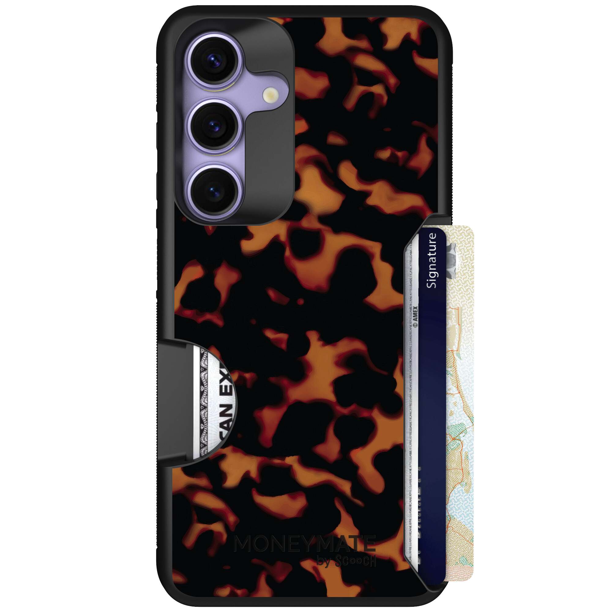 Tortoise Shell amber brown and black mottled pattern on a Scooch Moneymate case for Galaxy S25