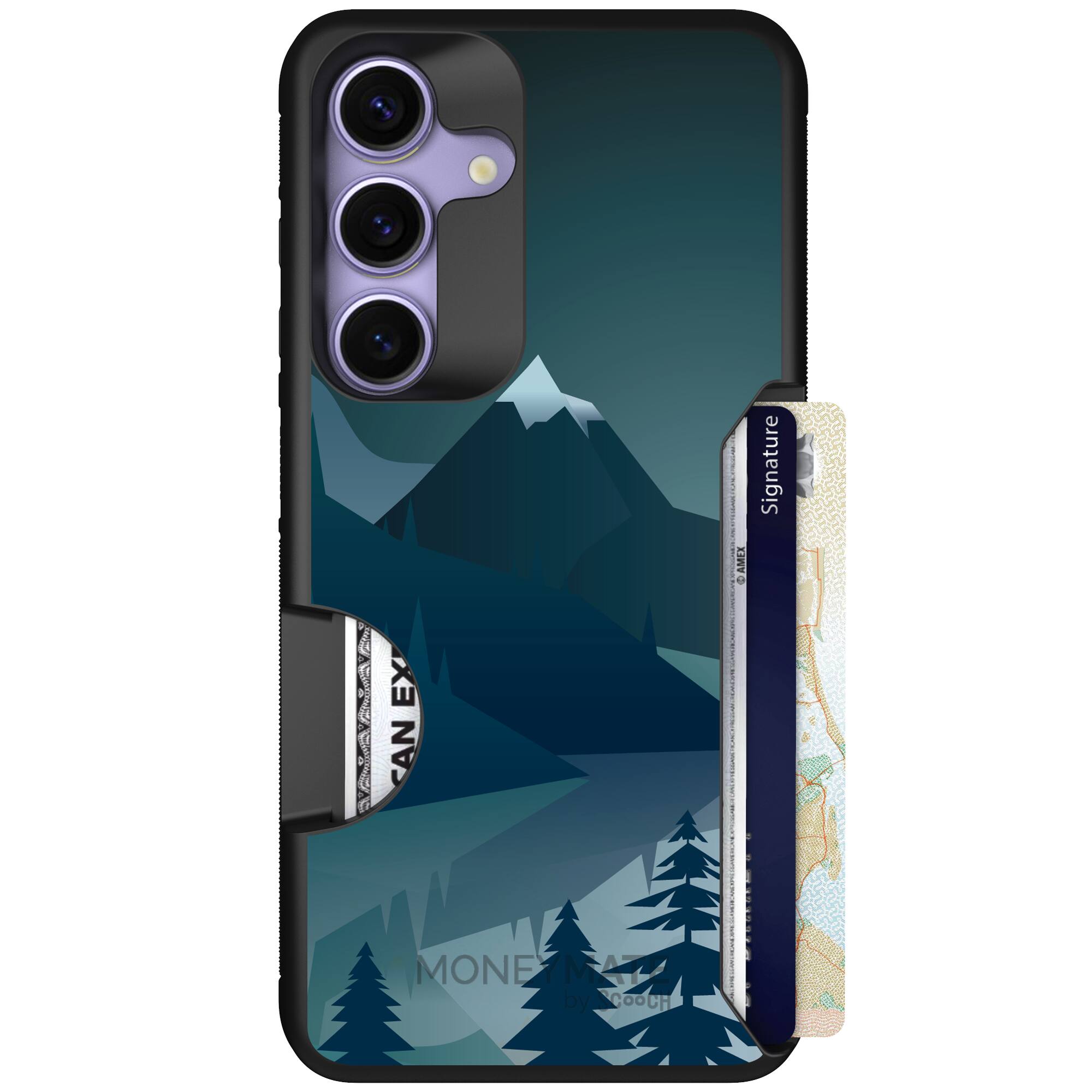 Midnight Ridge layered blue mountains and evergreen trees on a Scooch Moneymate case for Galaxy S25