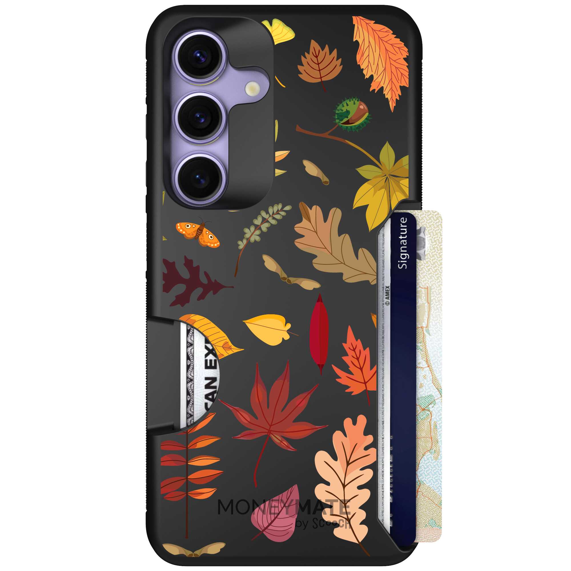 Autumn Leaves multicolored fall foliage pattern on a charcoal Scooch Moneymate case for Galaxy S25