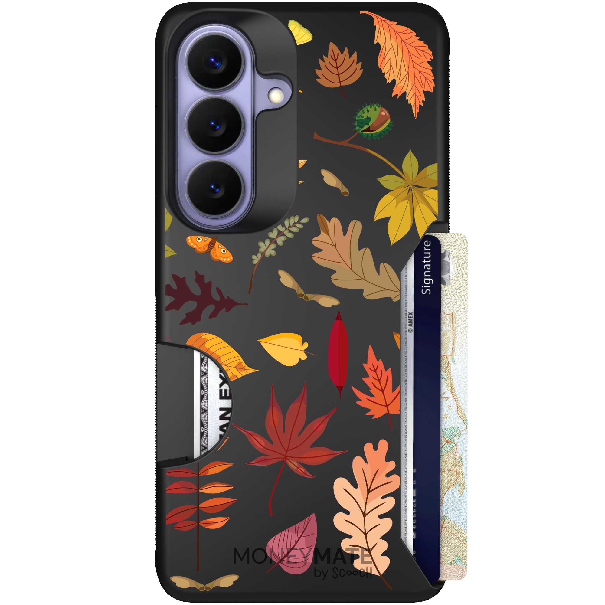 Autumn Leaves multicolored fall foliage pattern on a charcoal Scooch Moneymate case for Galaxy S26