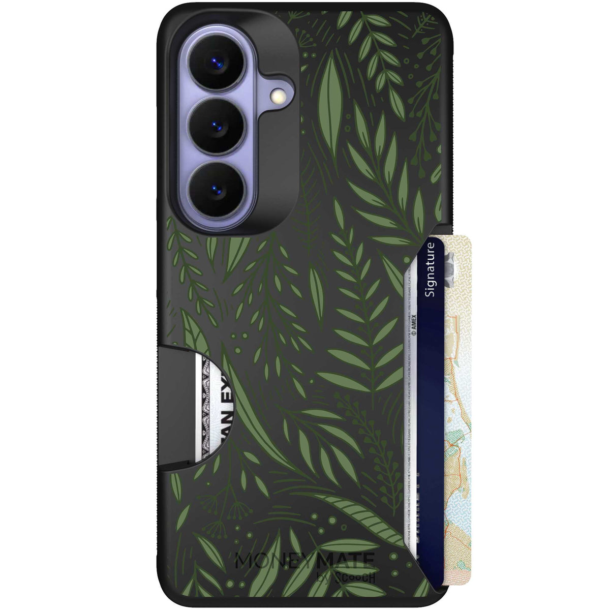 Willow Garden layered green leaves and branches on a charcoal Scooch Moneymate case for Galaxy S26