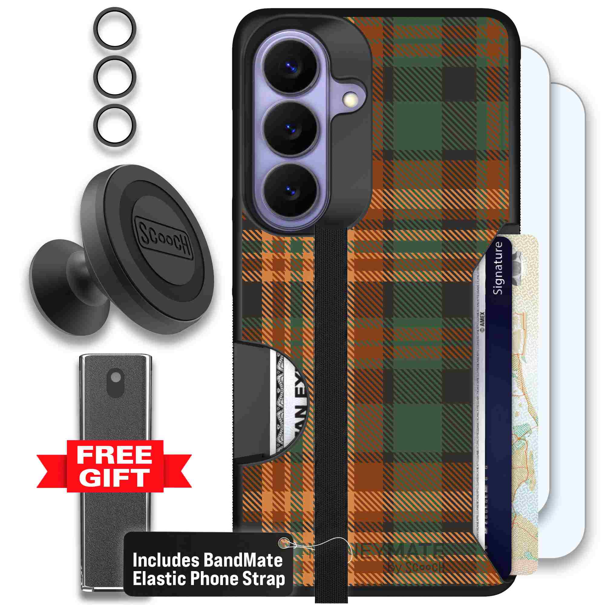Fall Flannel orange and brown plaid pattern on a Scooch Moneymate case for Galaxy S26 - Defender Bundle