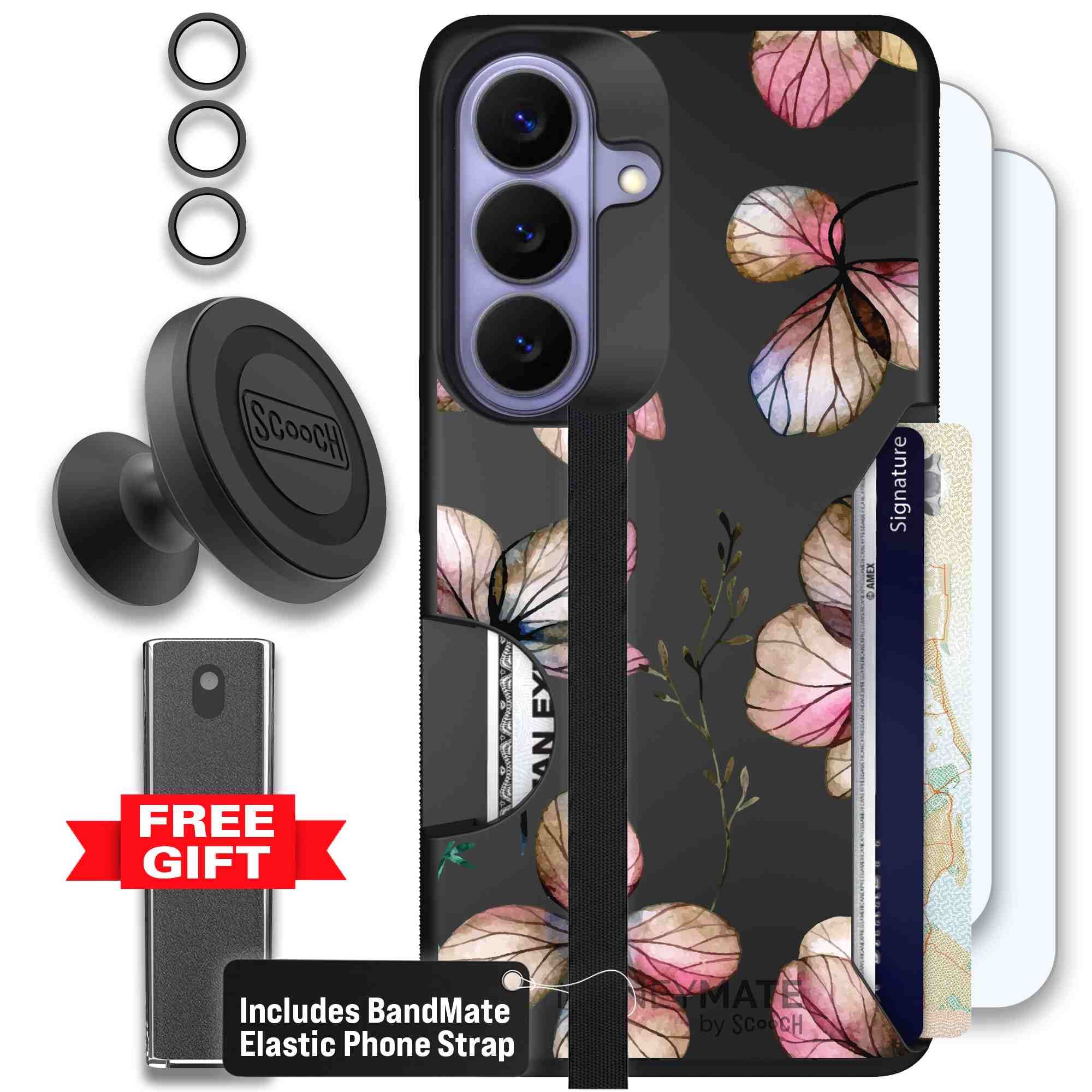 Dried Flowers blush mauve and cream floral pattern on a black Scooch Moneymate case for Galaxy S26 - Defender Bundle