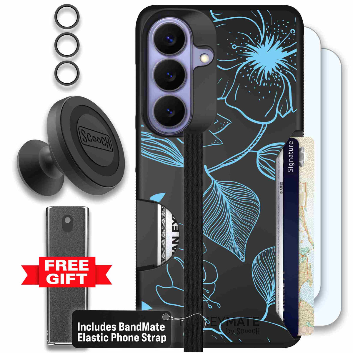 Blue Hibiscus cyan-blue tropical flower pattern on a charcoal Scooch Moneymate case for Galaxy S26 - Defender Bundle