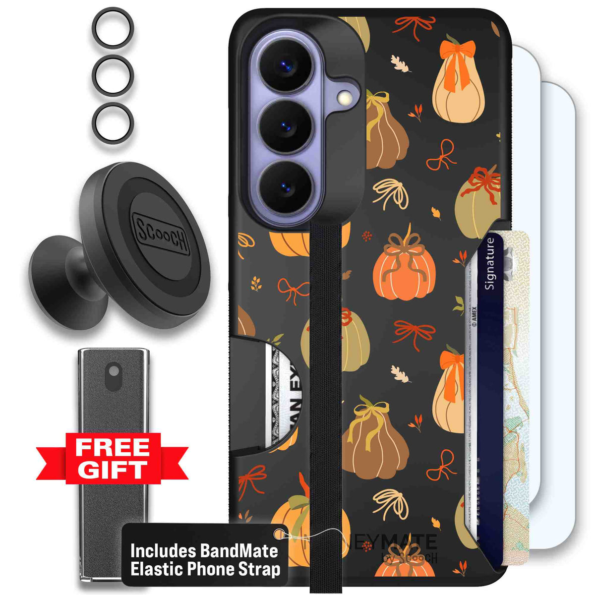 Pretty Pumpkins orange pumpkin and bow pattern on a Scooch Moneymate case for Galaxy S26 - Defender Bundle