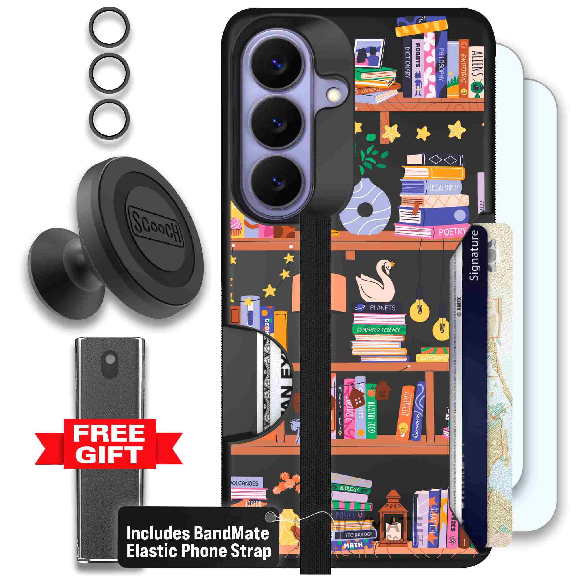 Little Library colorful book and bookshelf pattern on a Scooch Moneymate case for Galaxy S26 - Defender Bundle