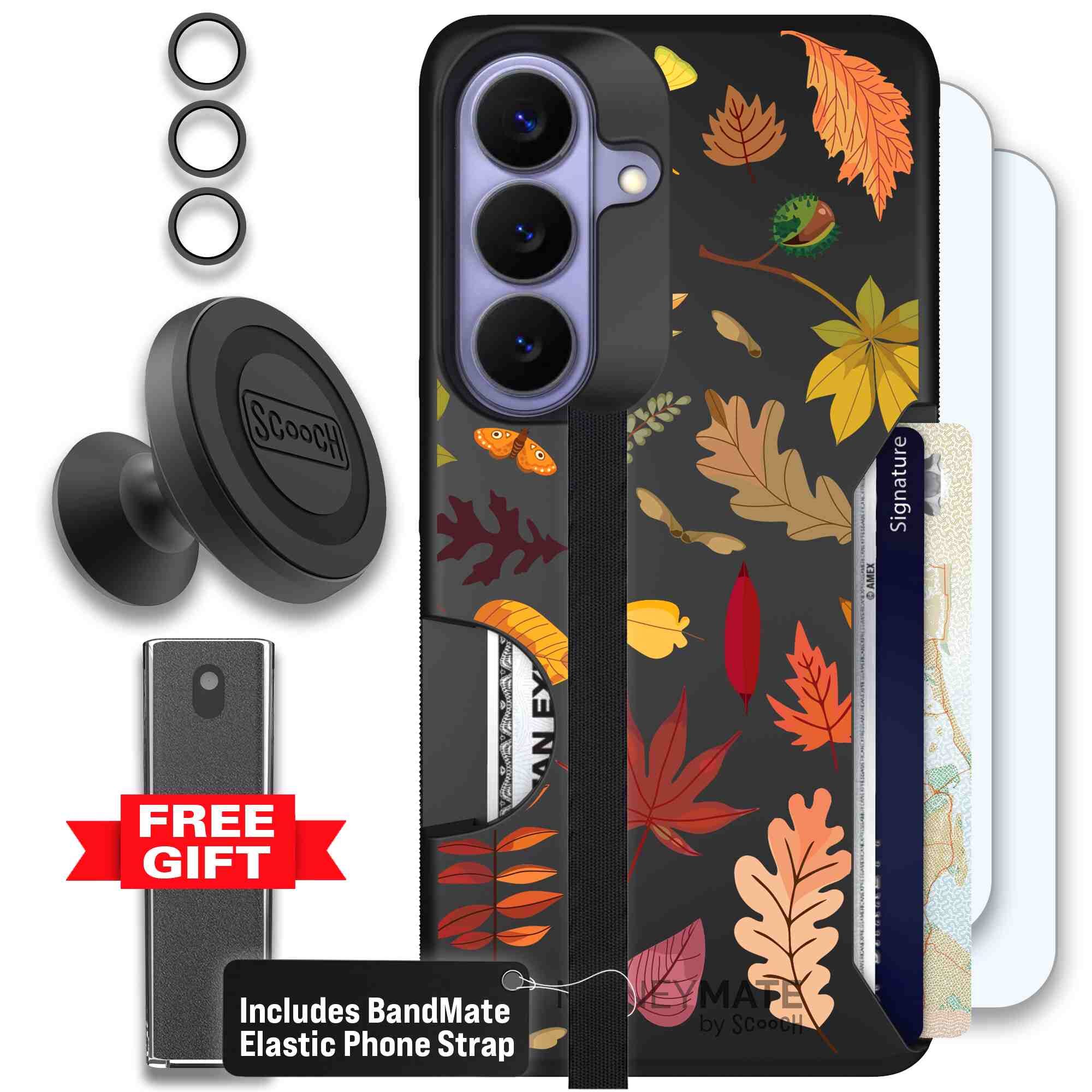 Autumn Leaves multicolored fall foliage pattern on a charcoal Scooch Moneymate case for Galaxy S26 - Defender Bundle