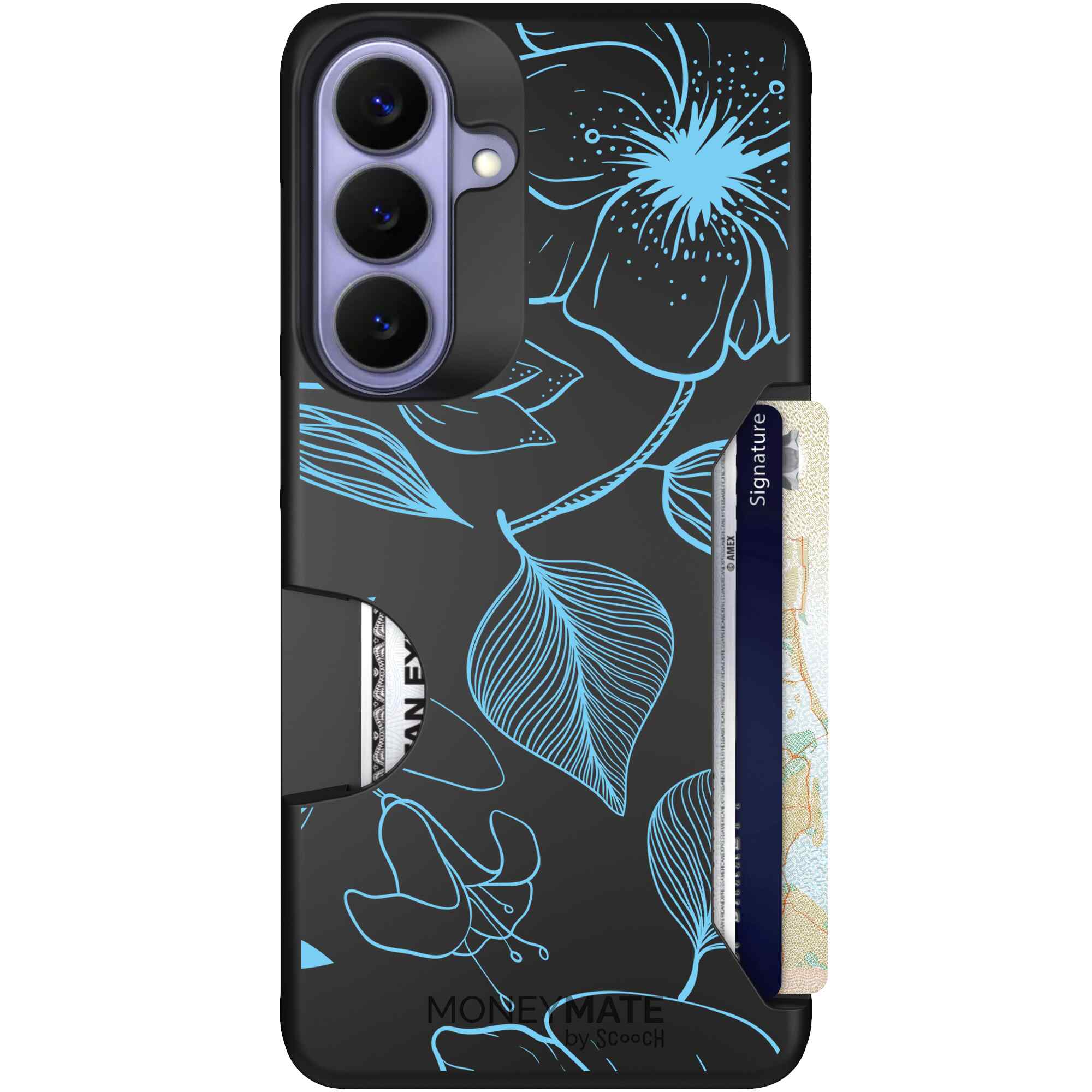 Blue Hibiscus cyan-blue tropical flower pattern on a charcoal Scooch Moneymate case for Galaxy S26+