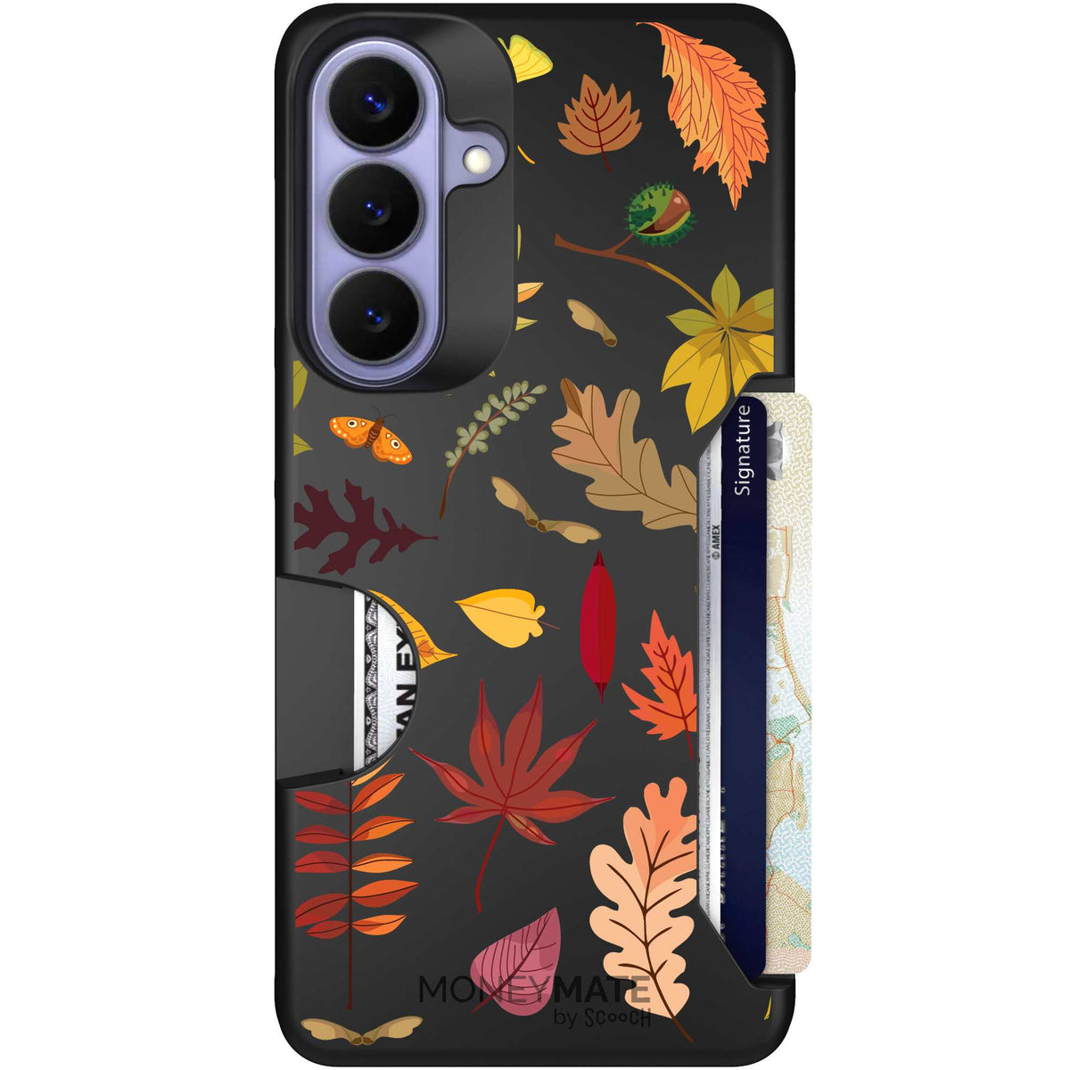 Autumn Leaves multicolored fall foliage pattern on a charcoal Scooch Moneymate case for Galaxy S26+