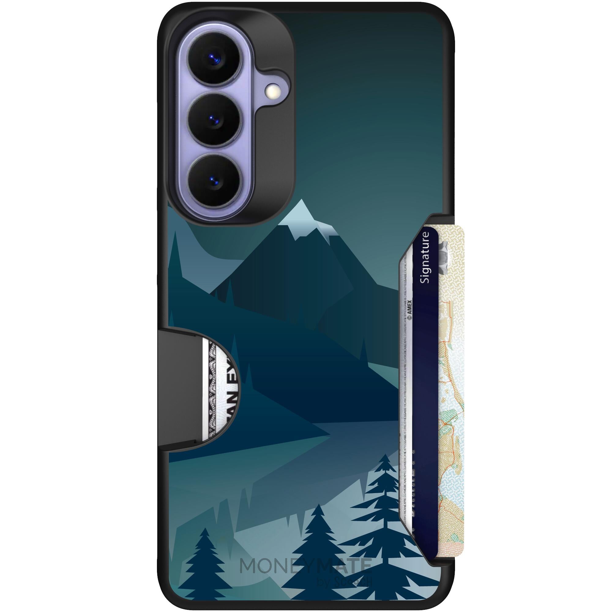 Midnight Ridge layered blue mountains and evergreen trees on a Scooch Moneymate case for Galaxy S26+