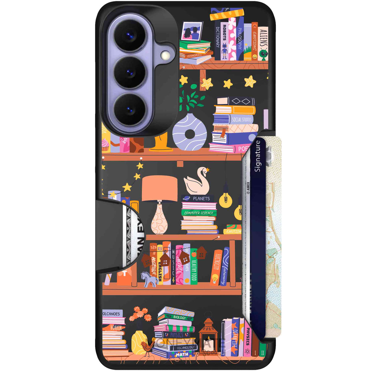 Little Library colorful book and bookshelf pattern on a Scooch Moneymate case for Galaxy S26+