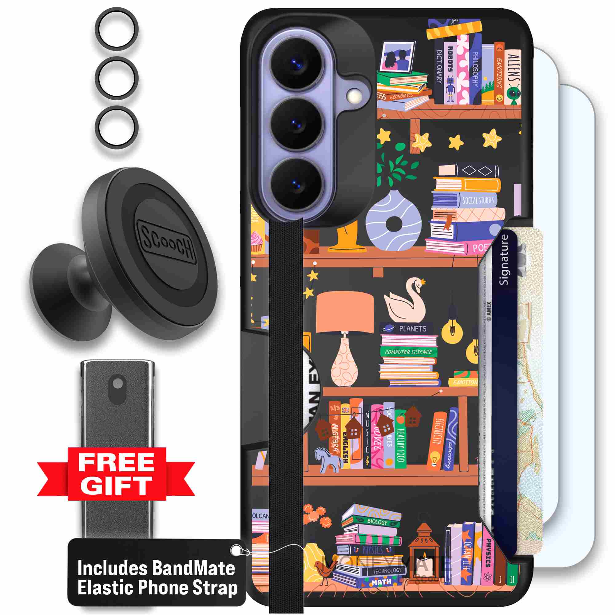 Little Library colorful book and bookshelf pattern on a Scooch Moneymate case for Galaxy S26+ - Defender Bundle