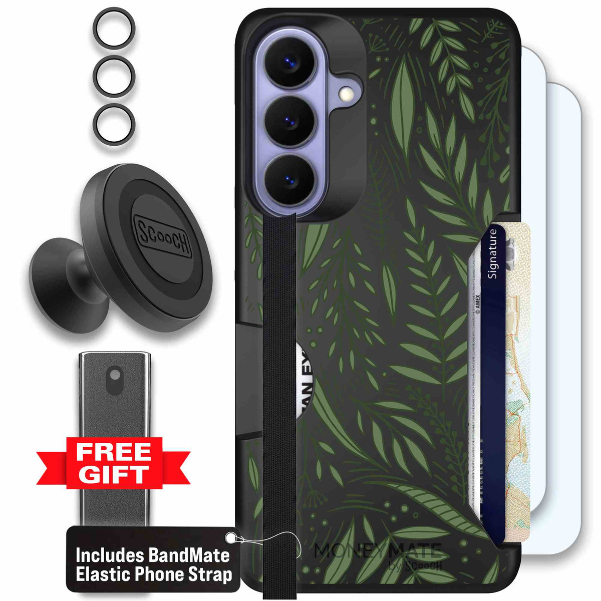 Willow Garden layered green leaves and branches on a charcoal Scooch Moneymate case for Galaxy S26+ - Defender Bundle