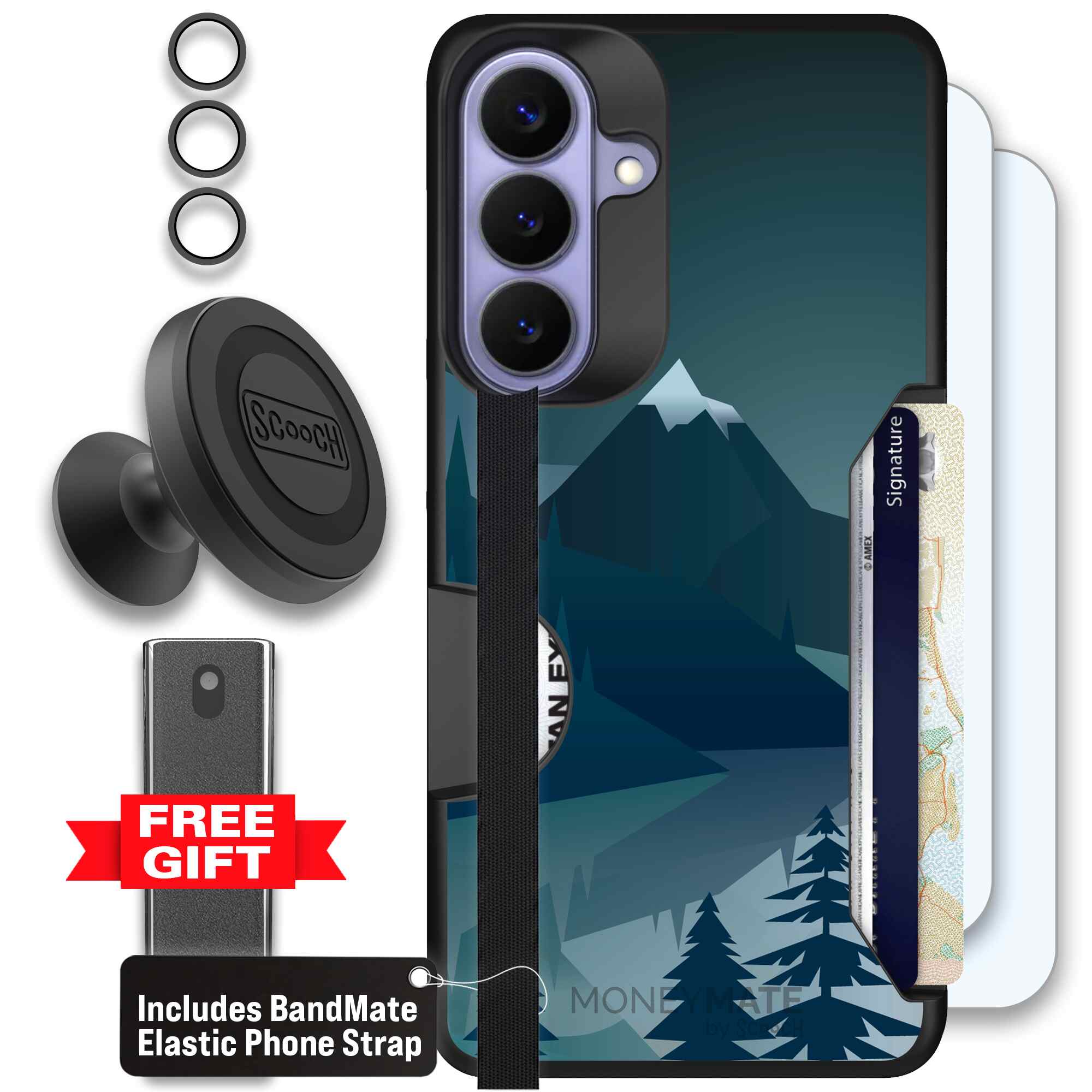 Midnight Ridge layered blue mountains and evergreen trees on a Scooch Moneymate case for Galaxy S26+ - Defender Bundle